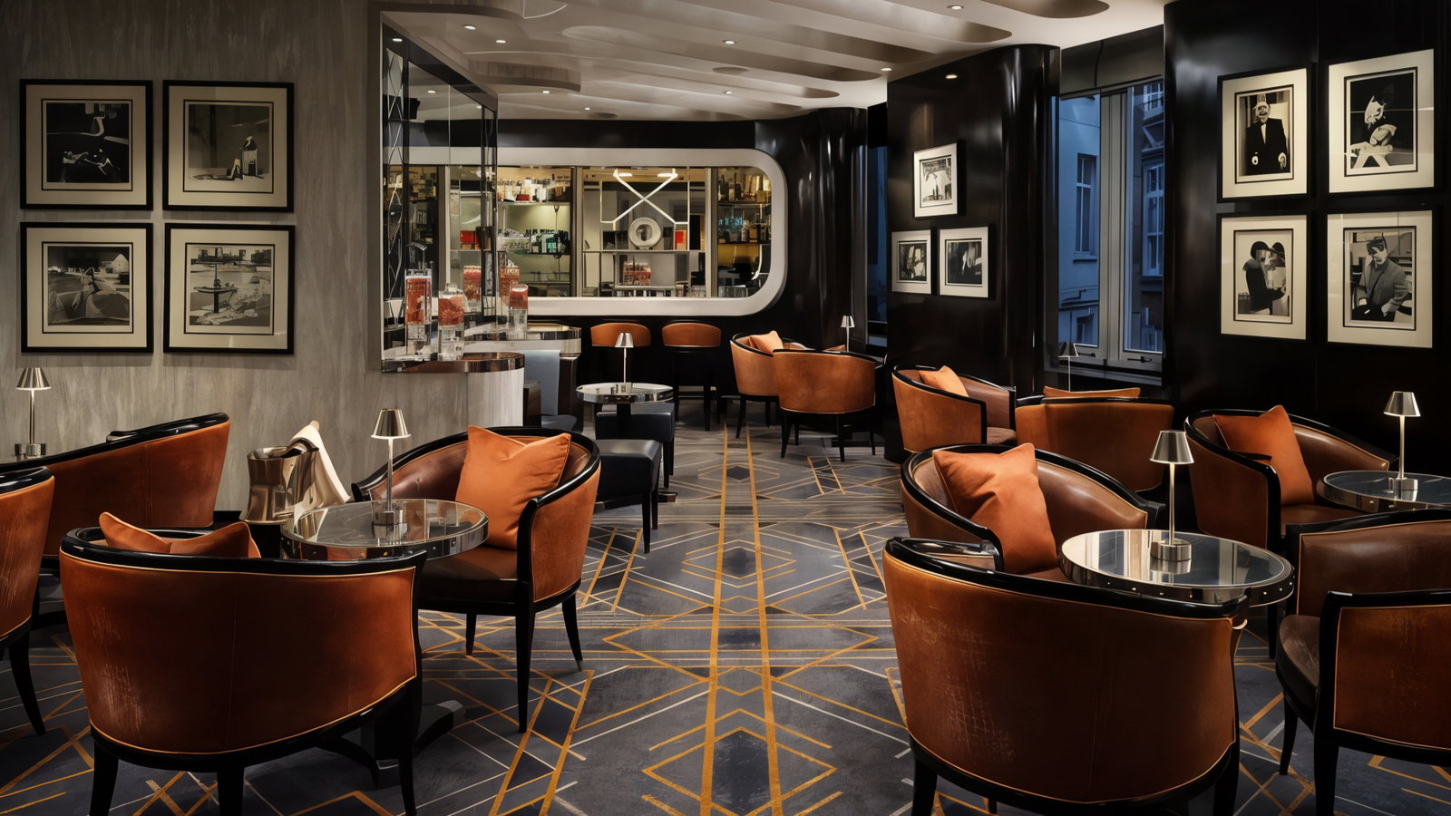 Elegant lounge with brown leather chairs, geometric carpet, and framed black-and-white photos on walls. Mood is cozy and sophisticated.