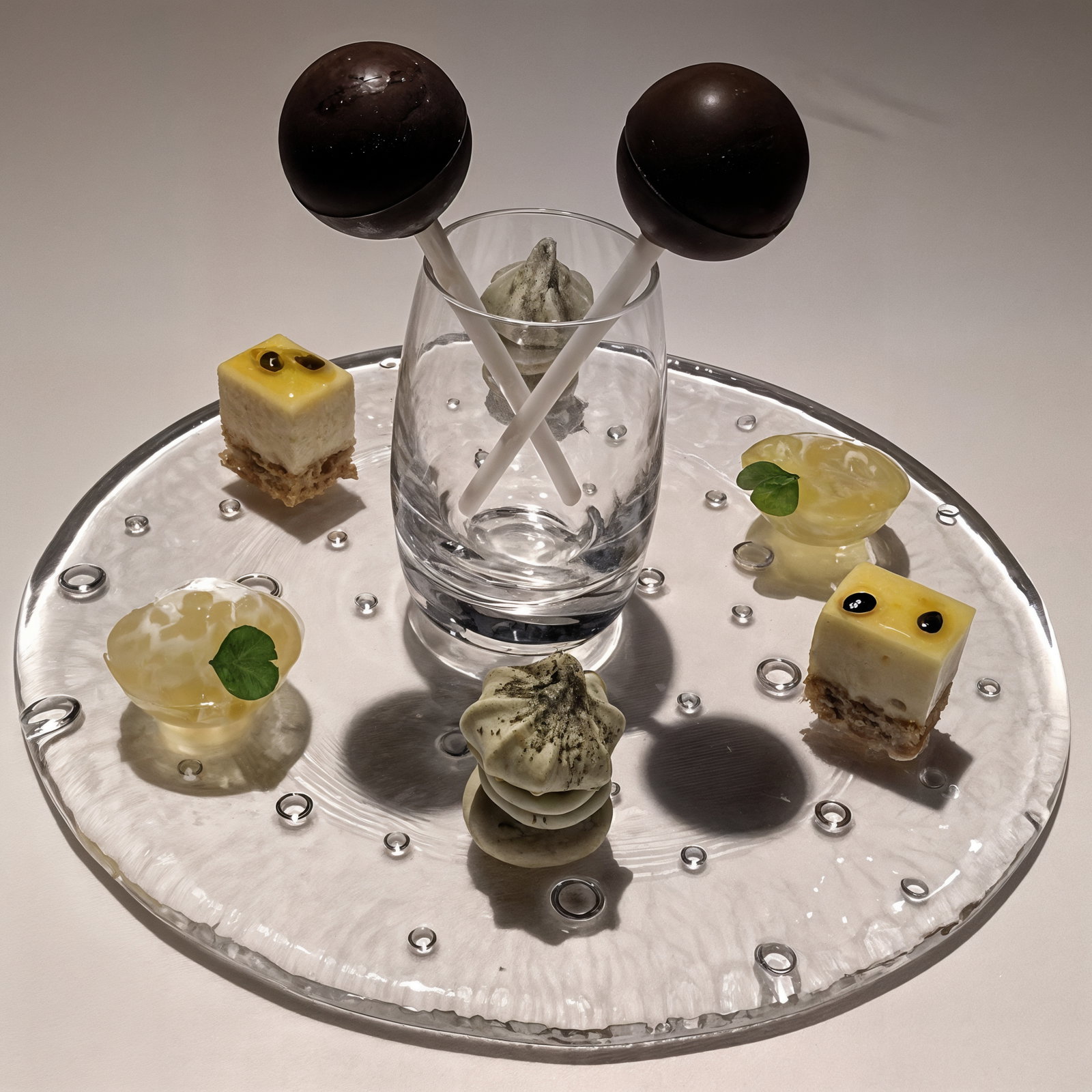 A glass with two chocolate cake pops, surrounded by assorted desserts on a decorative plate. Elegant presentation on a light background.