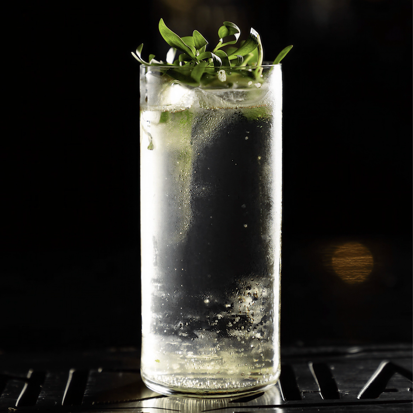 A tall glass with a clear fizzy drink and ice, garnished with green herbs, stands against a dark, blurred background. Elegant and refreshing mood.