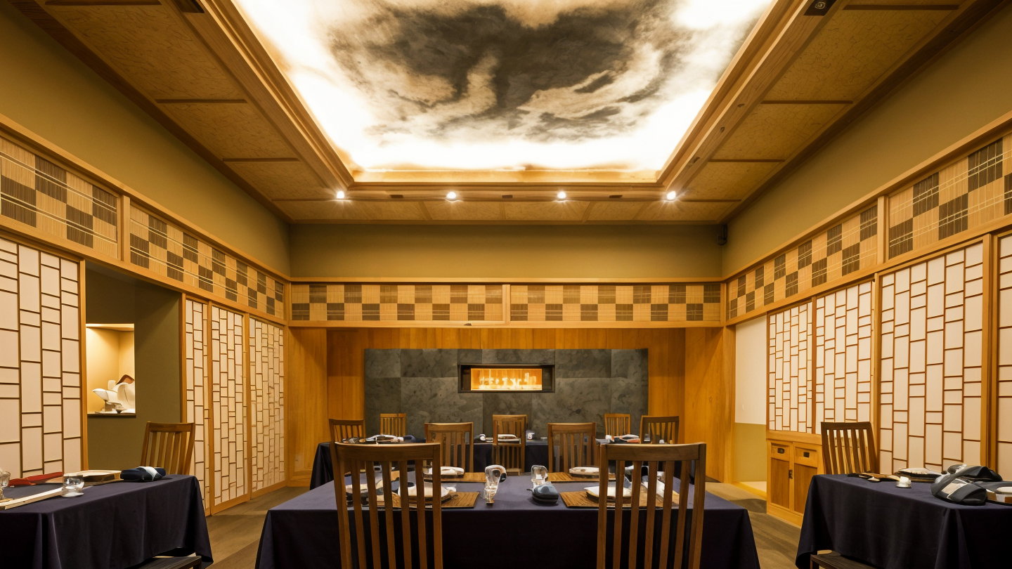 Elegant dining room with wooden chairs and tables set with blue cloths. Asian-inspired decor, soft lighting, and a painted ceiling create a serene mood.