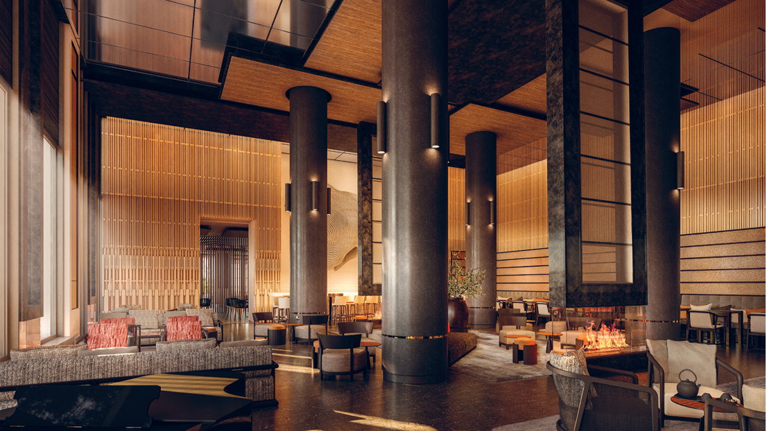 Elegant lounge with tall pillars, warm lighting, and cozy seating around a modern fireplace. Earth tones and wood textures create a serene atmosphere.