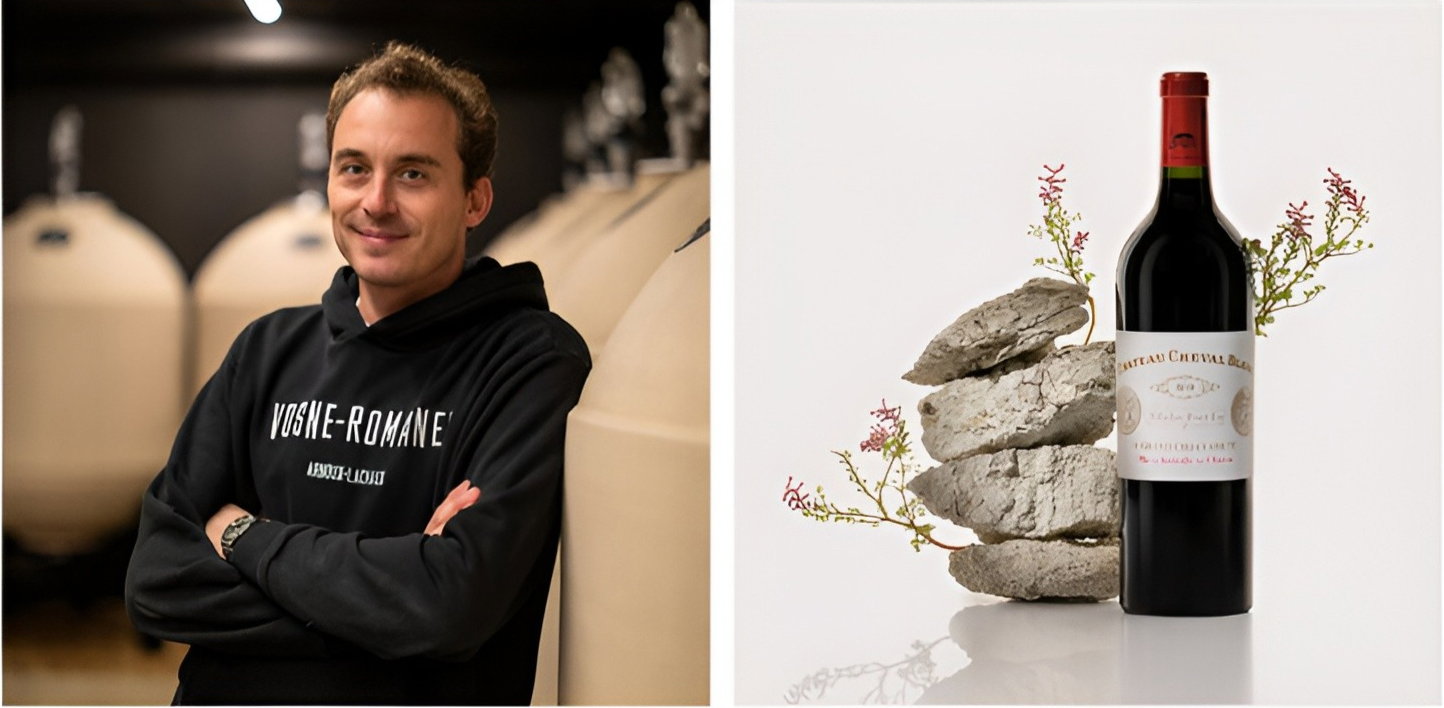 Charles Lachaux in a black hoodie in a wine cellar, smiling. Bottle of wine with rocks and red flowers on a white background. Text: "Vosne-Romanée".