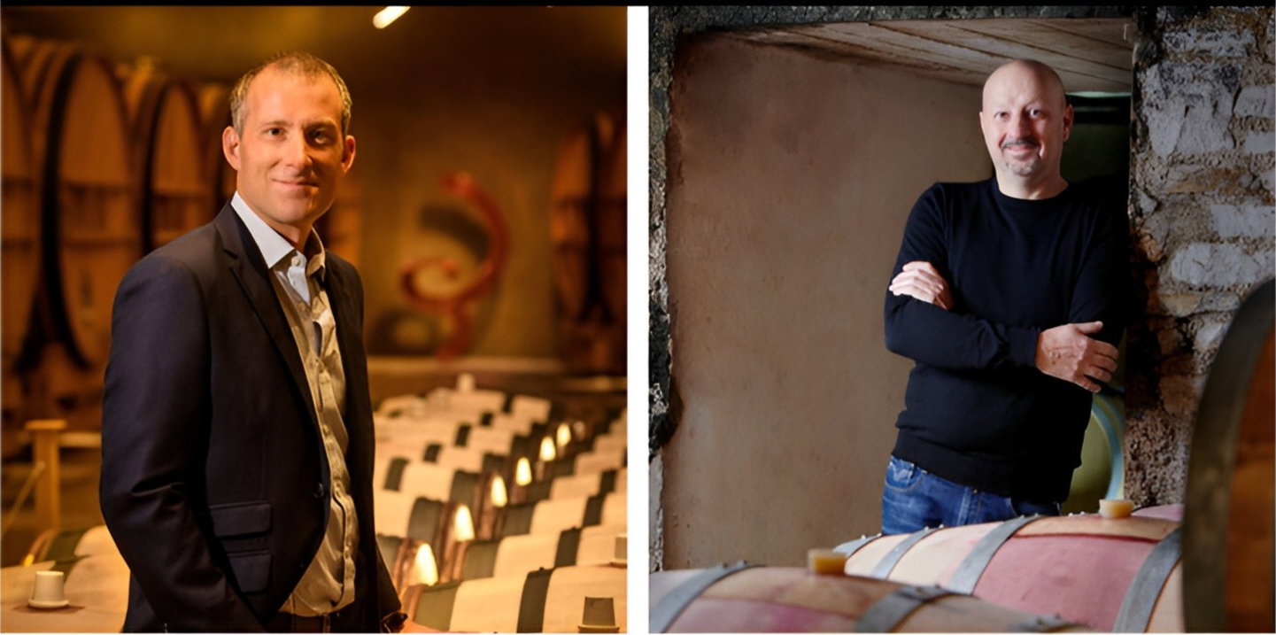 Two men in wine cellars, each by wooden barrels. On the left, Mathieu Roland-Billecart wears a suit. On the right, Louis Fourrier wears a black sweater. Warm, rustic backgrounds.