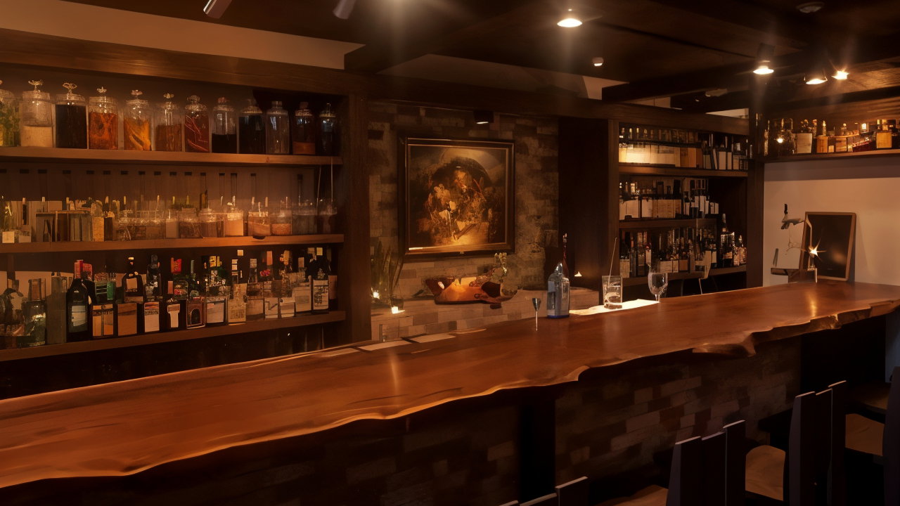 Cozy bar with wooden counter, bottles, and jars on shelves. A painting on the wall adds warmth. Dim lighting creates a relaxed atmosphere.