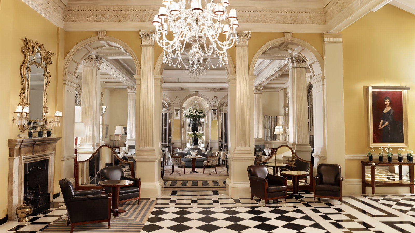 Elegant hotel lobby with chandeliers, columns, and leather chairs. A large mirror and a portrait adorn yellow walls. Black-and-white checkered floor.