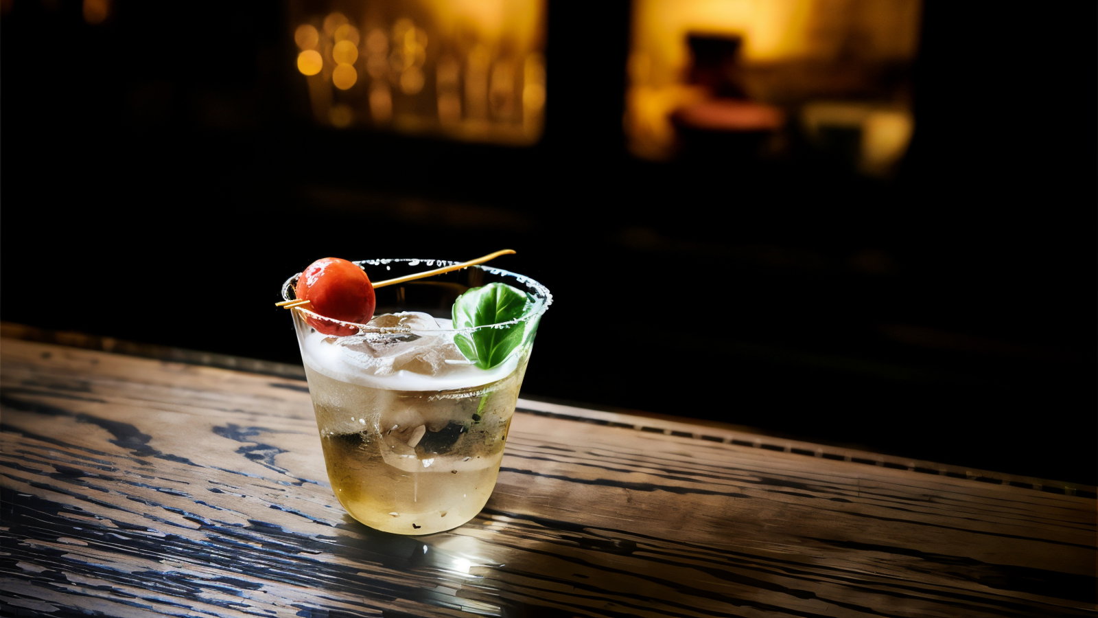 A cocktail with ice, a cherry, and basil on a wooden bar. Warm, dimly lit background suggests a cozy atmosphere.