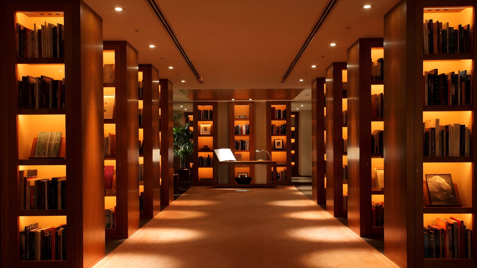Dimly lit library with wooden shelves lined with books, glowing orange lights. Central desk with an open book, creating a calm ambiance.