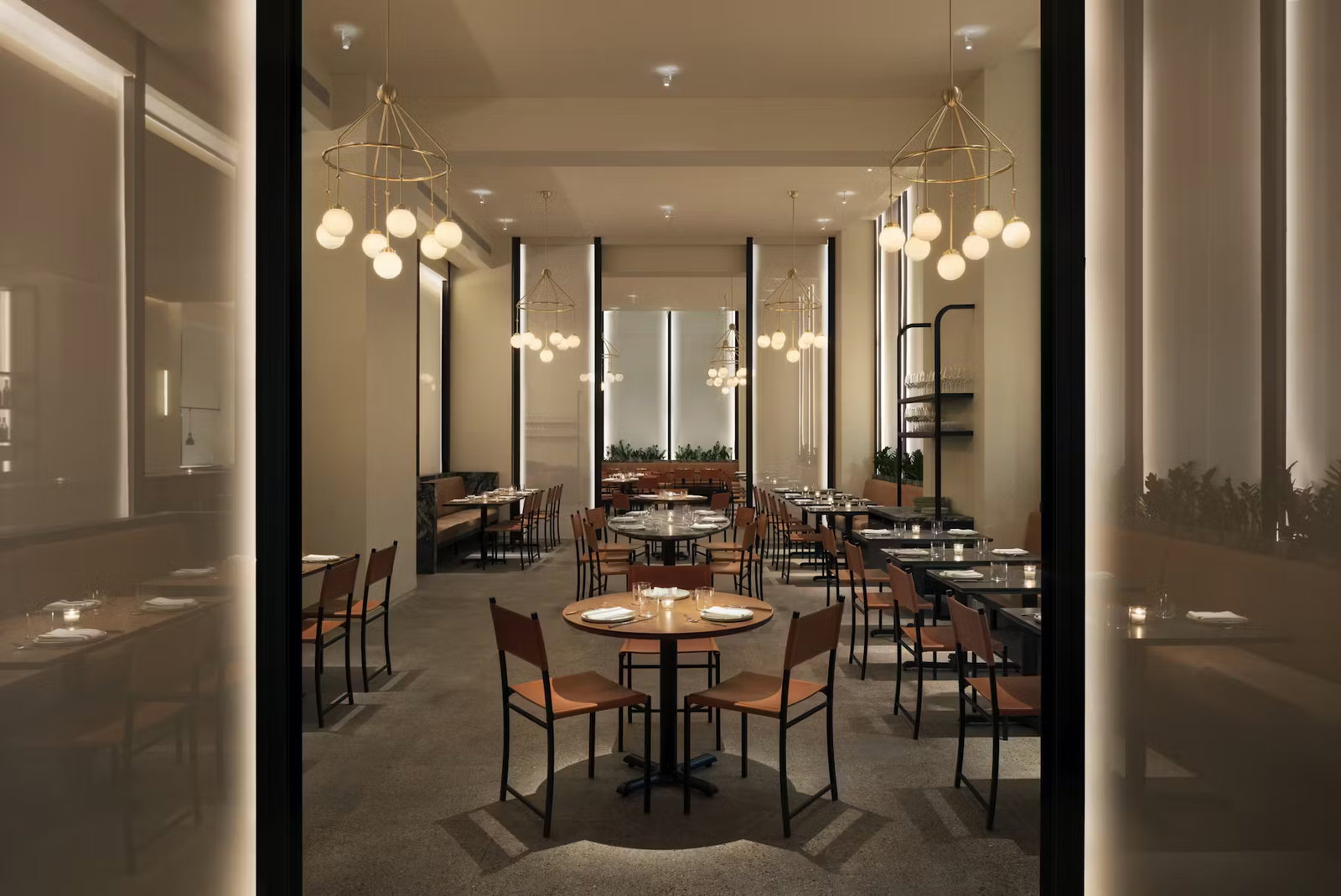 The sleek, minimalist dining room at Crown Shy