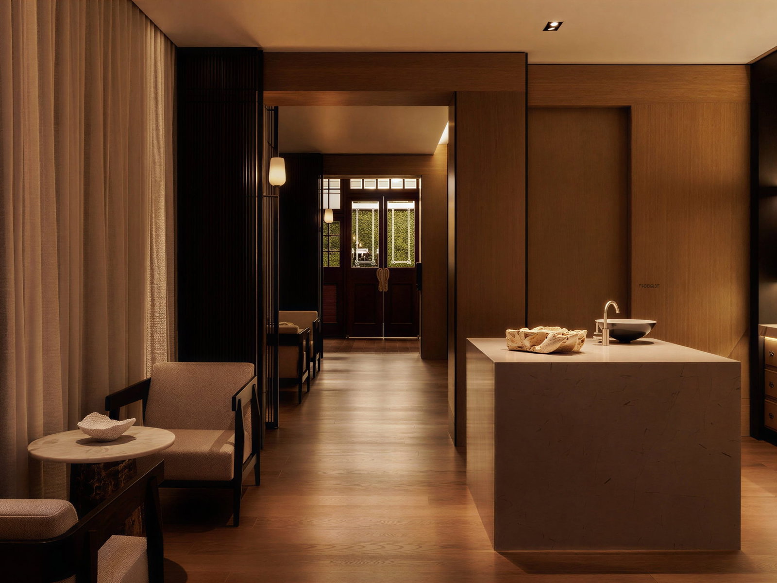 Auriga Spa Lobby at Capella Sydney with cozy seating, and large curtains. Warm tones create a serene atmosphere.