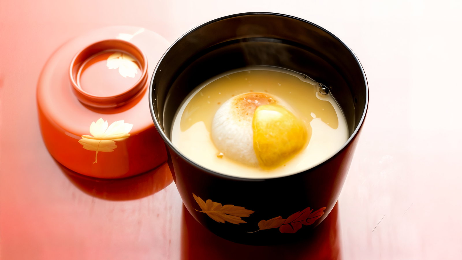 Soup in a black bowl with a floral pattern, lid placed beside it on a glossy, red surface. The mood is warm and inviting.