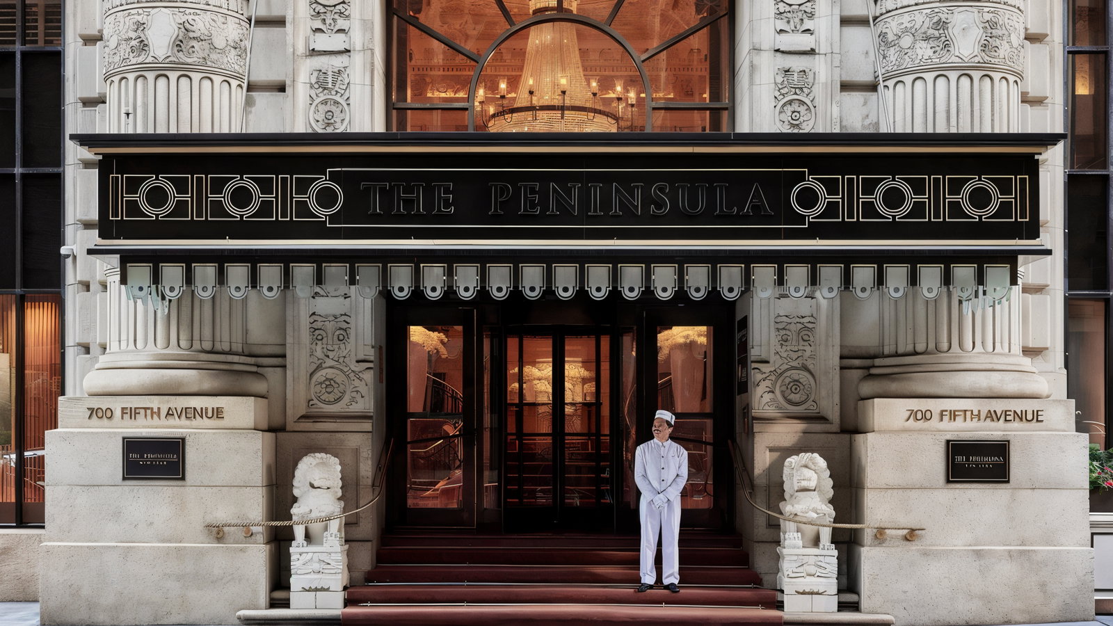 Hotel entrance with ornate columns. A doorman in white uniform stands on red steps under a black awning. Text reads "THE PENINSULA."