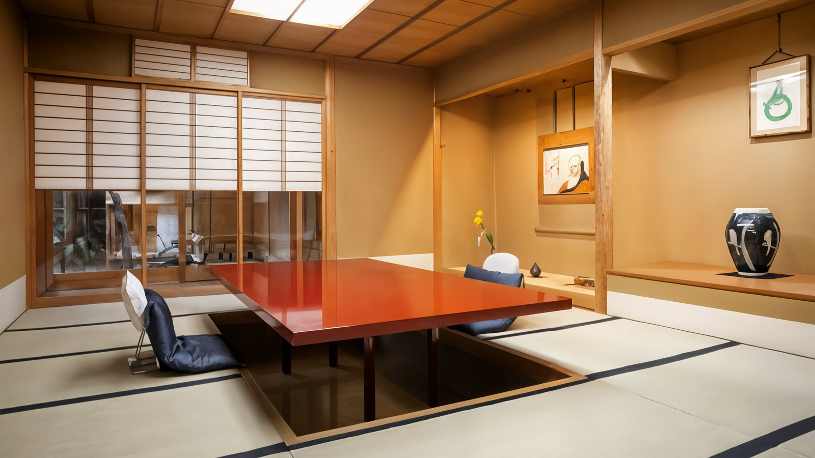 Traditional Japanese room with a red table, blue cushions, and tatami mats. Art and vase display on shelves. Warm, calm atmosphere.