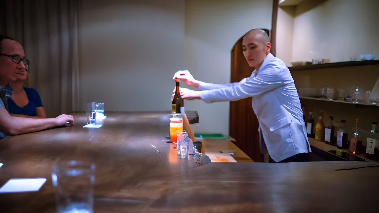 Bartender in a white jacket pours a drink at a wooden bar. Glasses and bottles on shelves, people watching, cozy atmosphere.