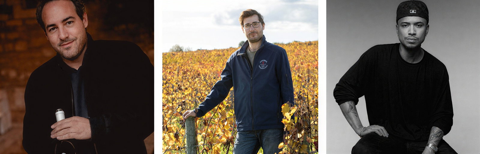 Three men in separate images: Romaric Chavy on the left holding a bottle indoors, Maxime-Henri Lafarge in the middle in a vineyard with autumn leaves, and Rhuigi Villaseñor on the right in a studio, wearing a cap.