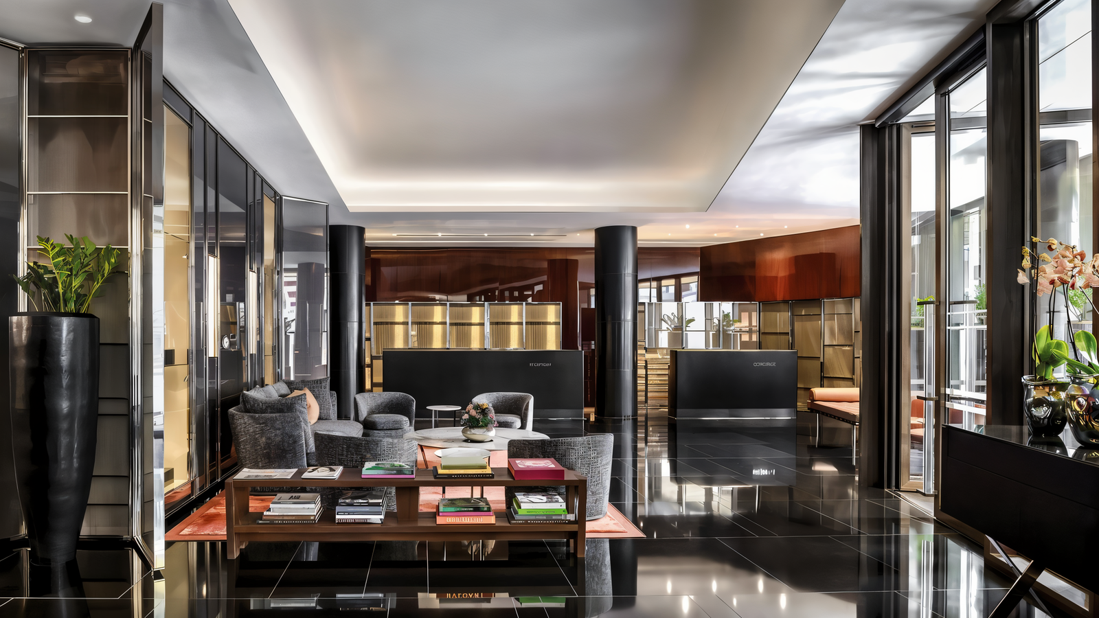 Luxurious hotel lobby with modern black and gold decor, plush gray chairs, plants, and a wooden table with books. Concierge desk in the background.