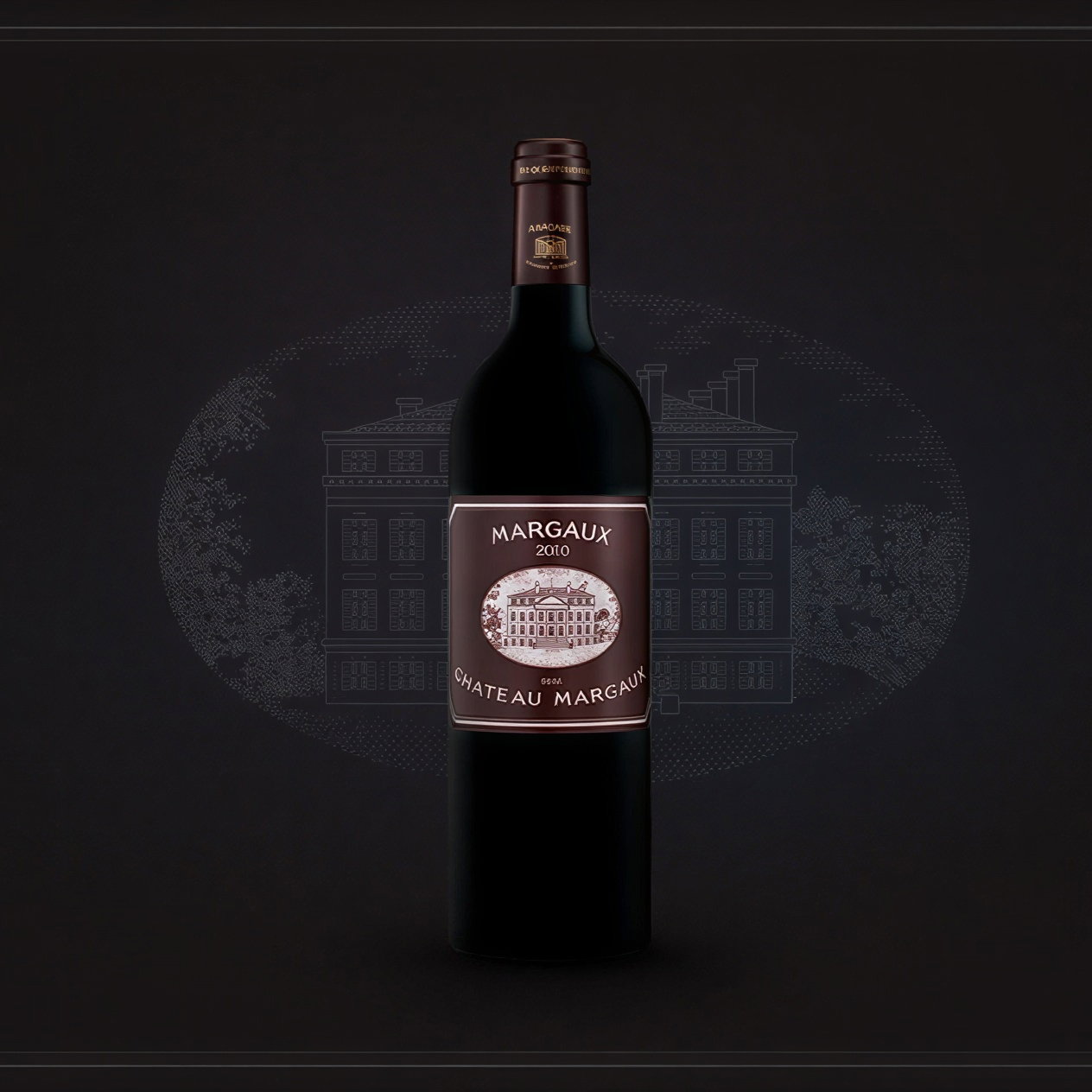 A wine bottle labeled "Margaux 2010 Château Margaux" with a dark backdrop displaying an outline of a building, creating an elegant mood.