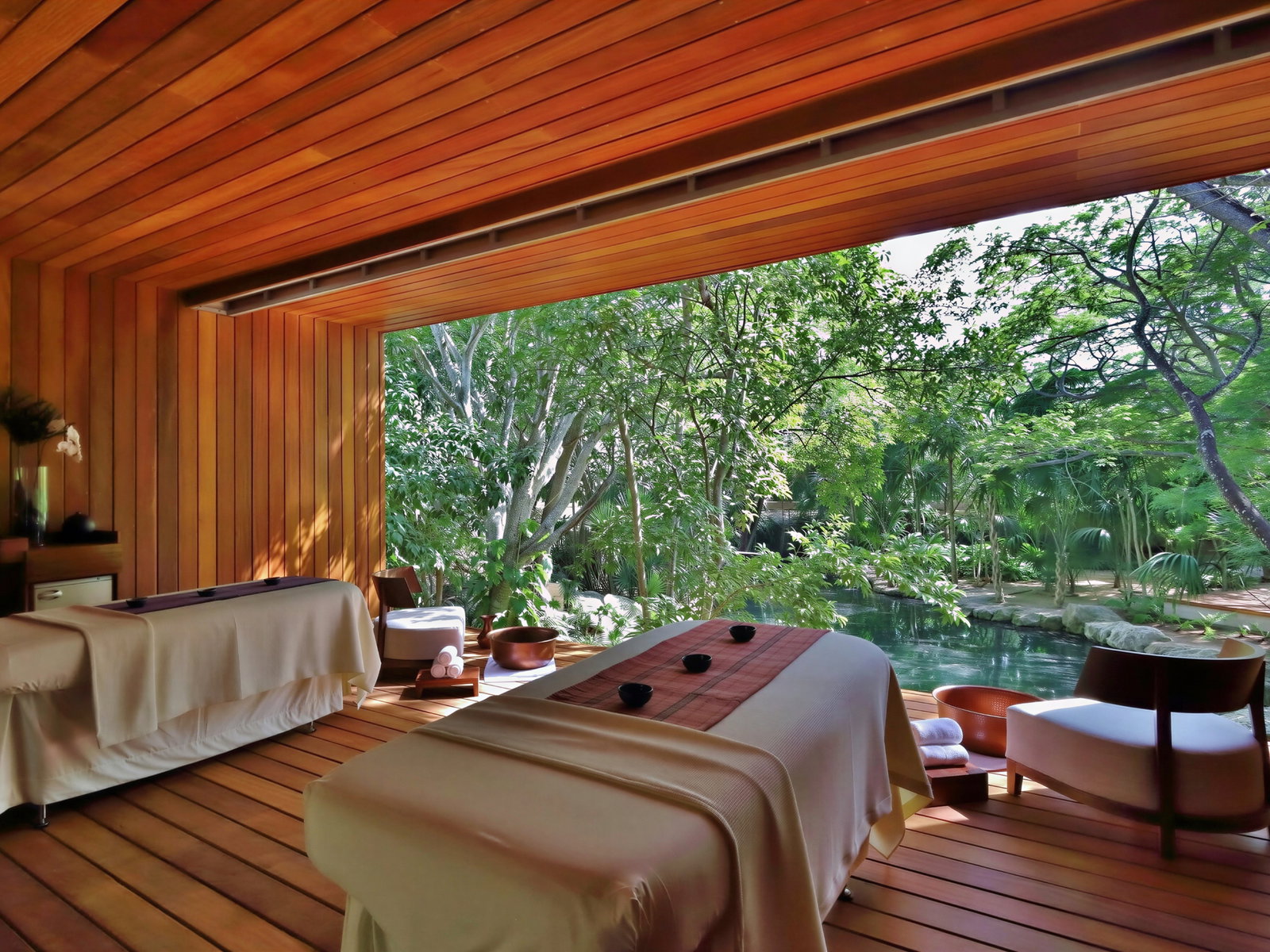 Wood-paneled spa room with two massage tables overlooking lush greenery and a pond. Relaxing atmosphere with natural light and calm colors.