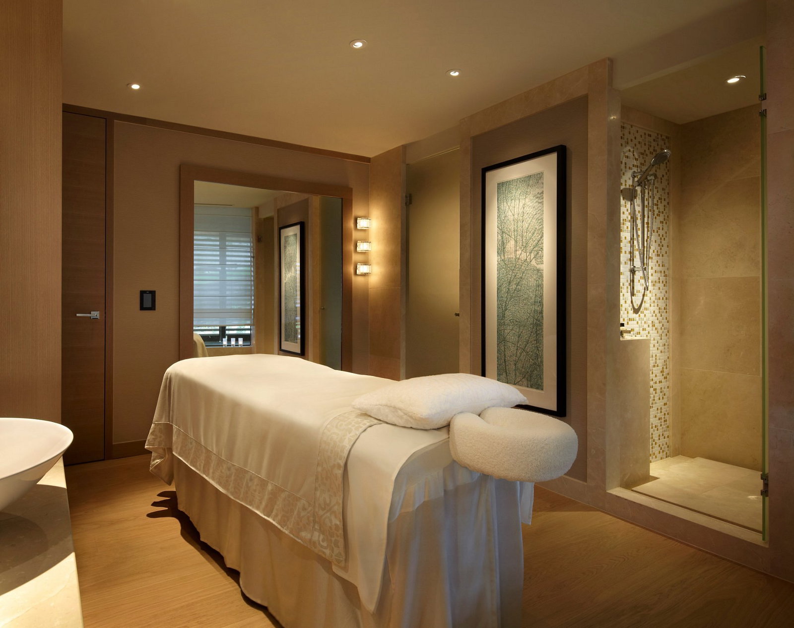 Spa Treatment Room at Park Hyatt Sydney with a massage table, soft beige tones, calming wall art, and warm lighting. A shower area is in the background.