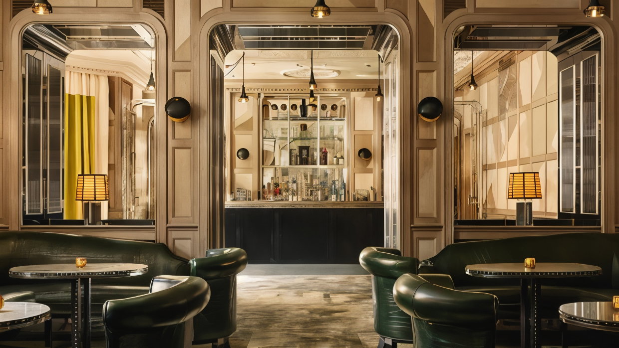 Elegant bar interior with green leather chairs and tables. Warm lighting, mirrored walls, and a stocked bar create a cozy, sophisticated ambiance.