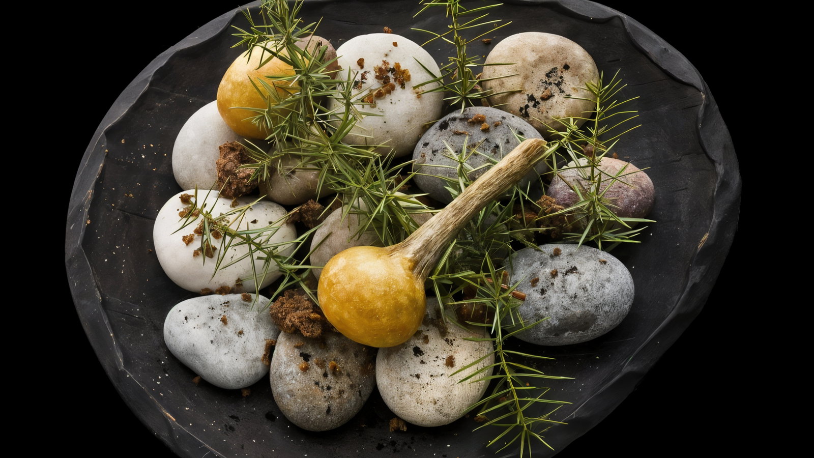Stone-like eggs on a dark plate, surrounded by green sprigs and a yellow mushroom. Earthy tones create a natural, tranquil setting.