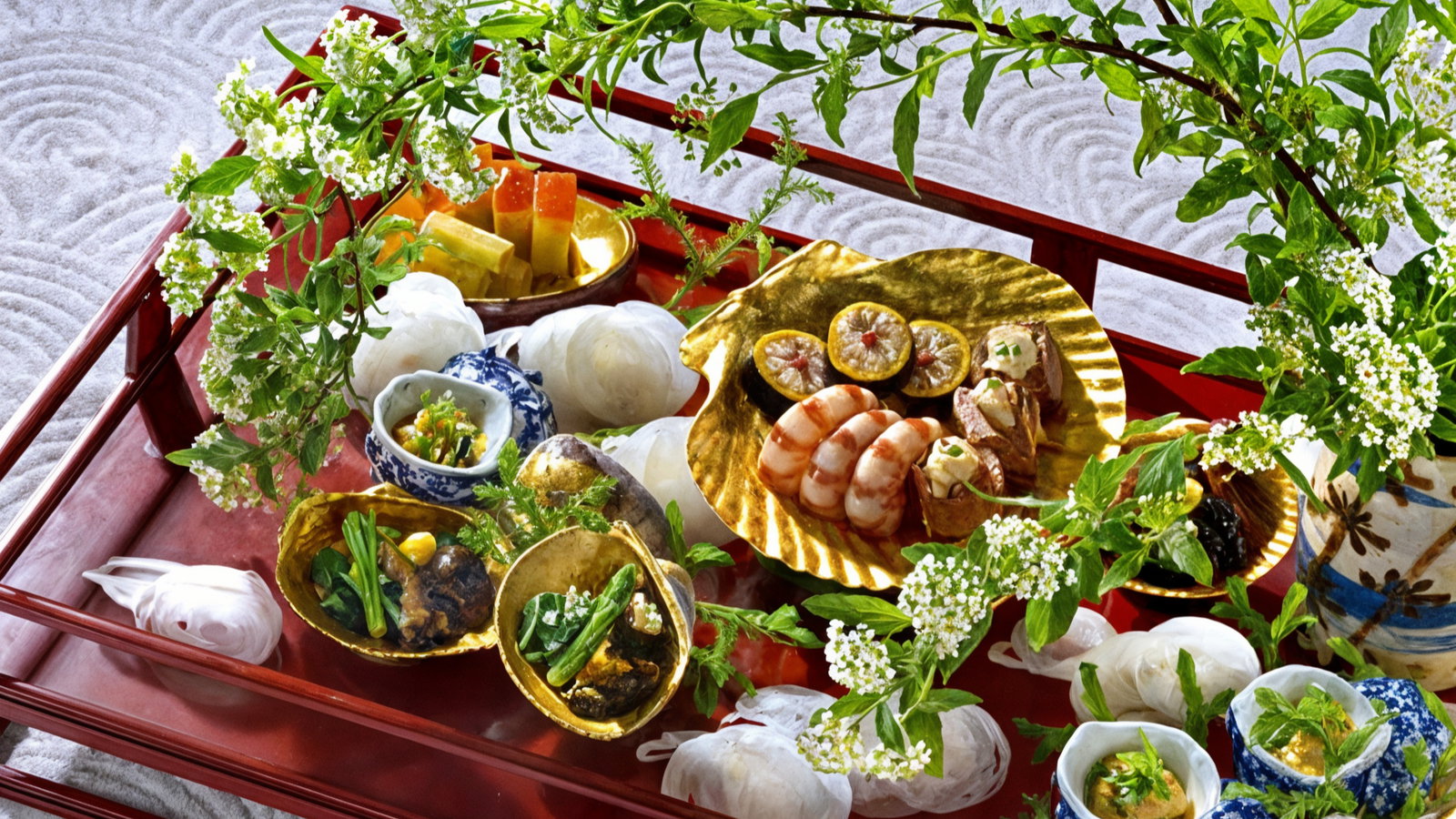 Elegant Japanese meal on red tray with gold plates, featuring sushi, shrimp, and greens. Surrounded by white flowers, creating a calm setting.