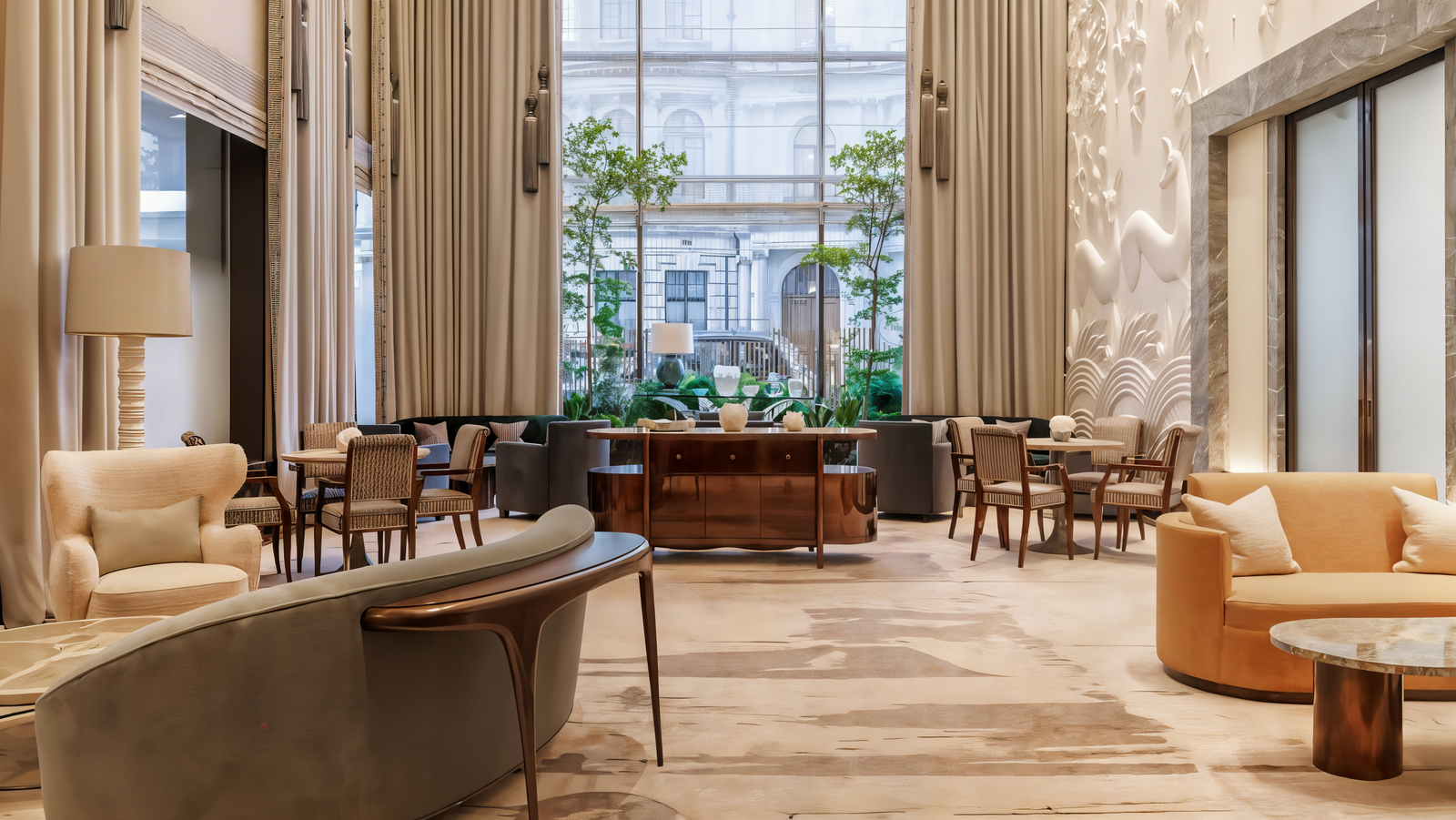 Elegant lounge with beige and gray seating, decorative wall art, large windows, and plants. Calm atmosphere with soft lighting.