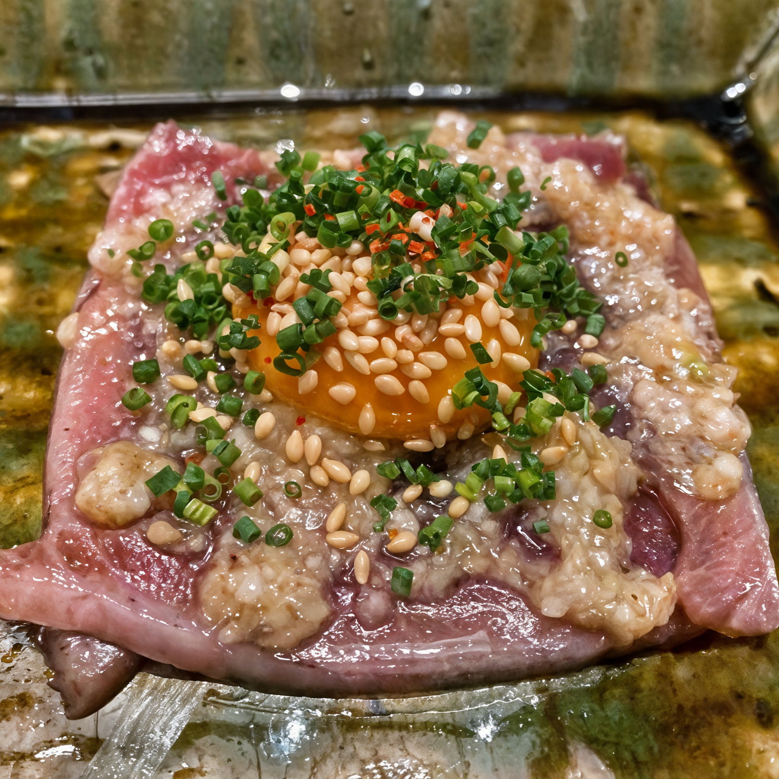 Raw meat topped with egg yolk, sesame seeds, and chives on a glazed green plate. The setting is vibrant and appetizing.