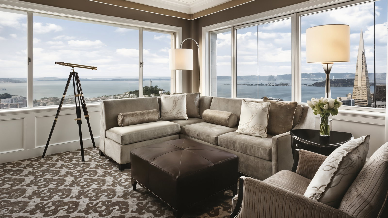 Luxurious living room with gray sofa, telescope, and brown ottoman. Large windows reveal cityscape and sea views. Elegant, calm ambiance.