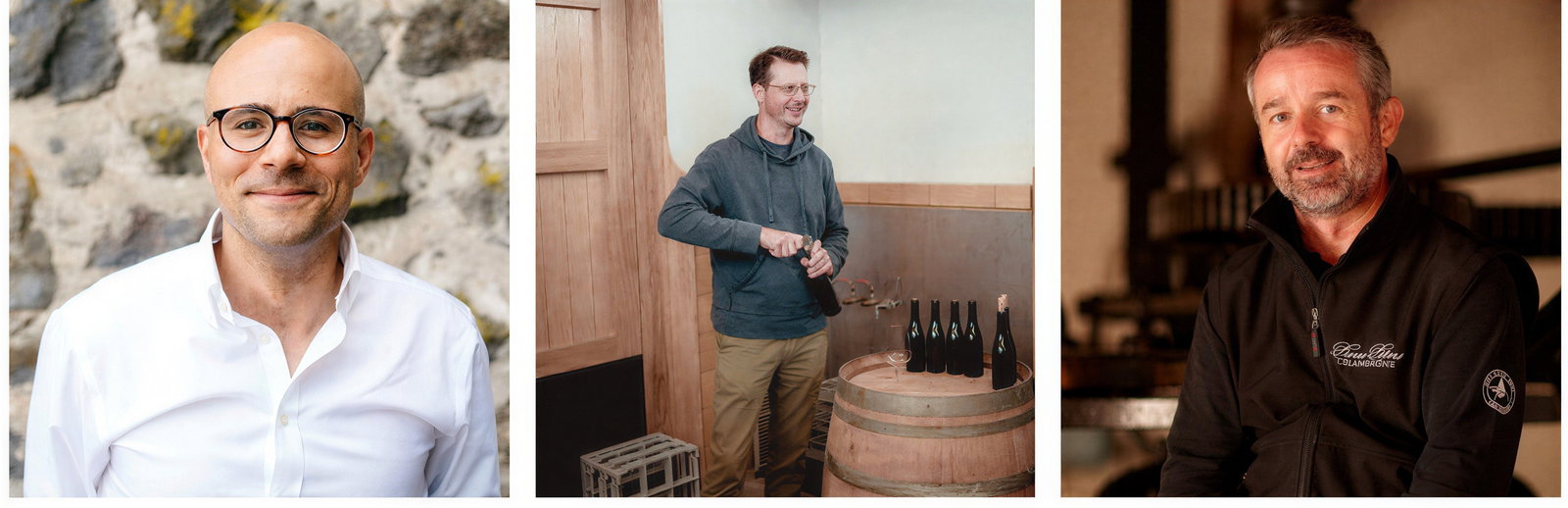 Three men are pictured: Carlton McCoy on the left in front of a stone wall, Jeremy Seysses in the middle opening a wine bottle near barrels, and Rodolphe Péters on the right sitting in a dark room.