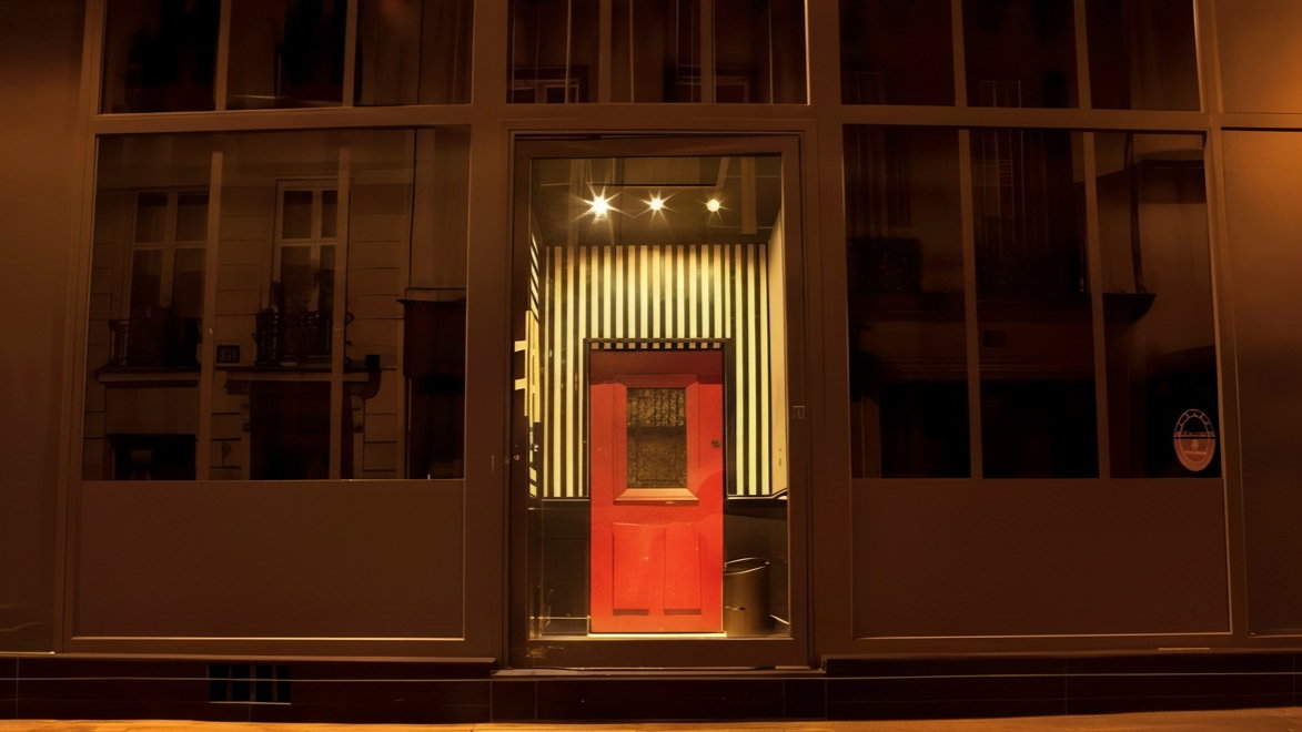 Red door inside a glass-enclosed space with striped wallpaper, lit by three overhead lights. Amber tones suggest a cozy, mysterious mood.