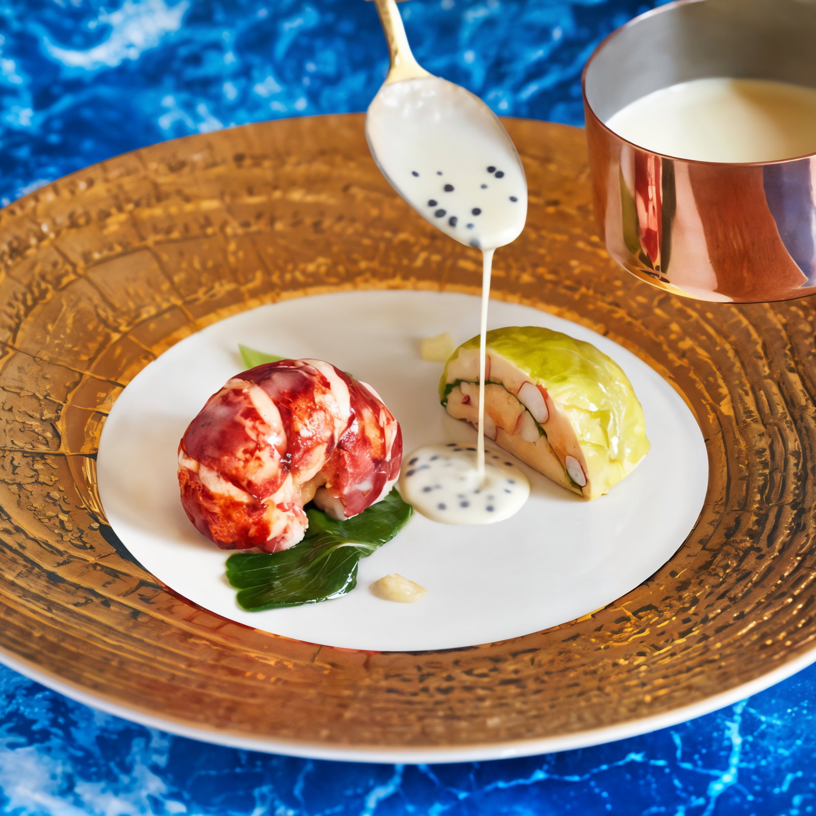 Lobster and veggie dish on a white and gold plate. Creamy sauce being poured from a spoon. Blue watery background, elegant presentation.