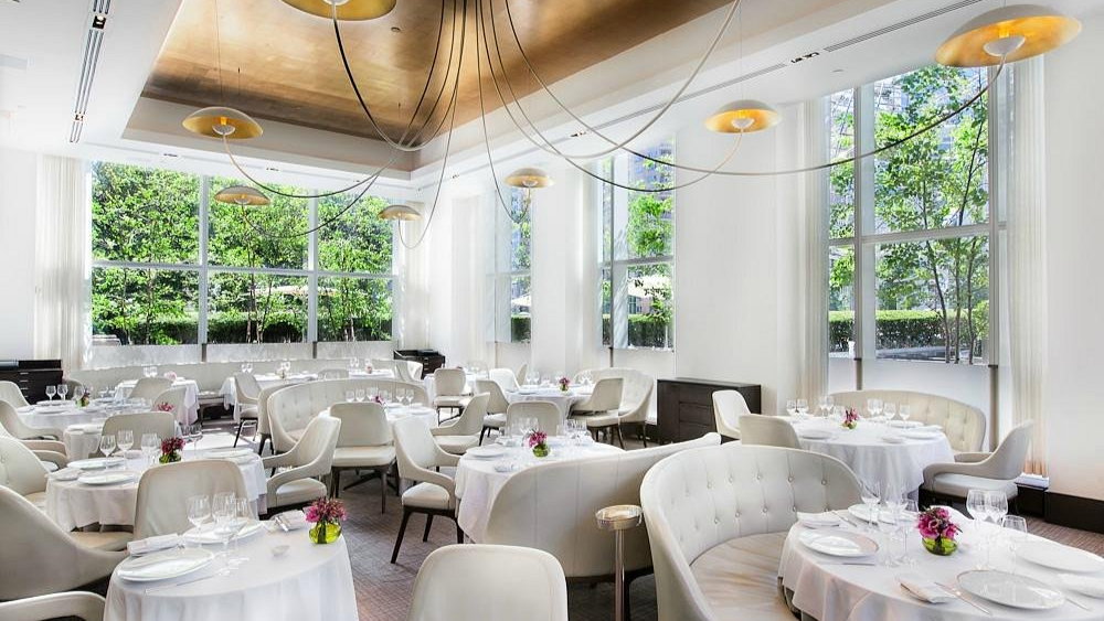 Elegant restaurant with white tablecloths, wine glasses, and purple flowers. Large windows show trees outside. Warm lighting creates a cozy mood.