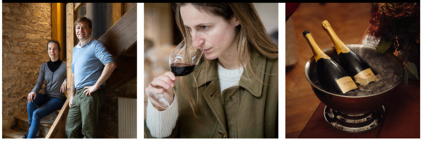 Pierre lafon and a woman smiling on stairs with stone wall; Saskia Rothschild sniffing wine; Krug champagne wine bottles on ice in metal bowl. Warm, rustic setting.