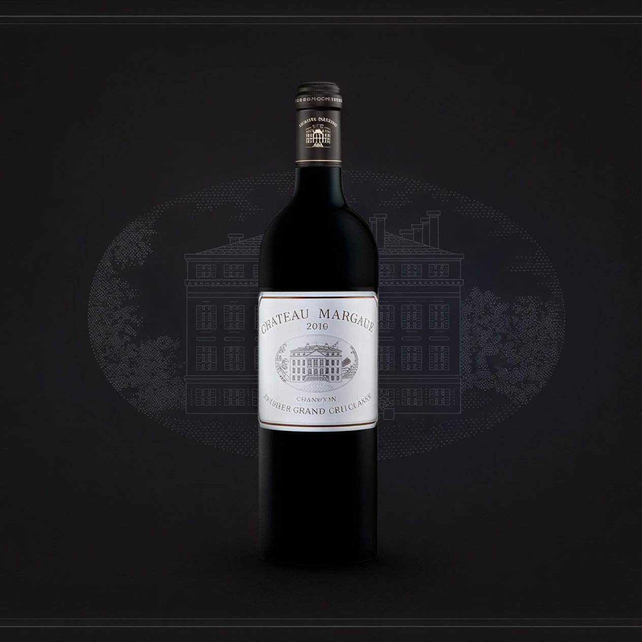 Wine bottle labeled "Chateau Margaux 2016" on black background with delicate architectural illustrations. Sophisticated and elegant mood.