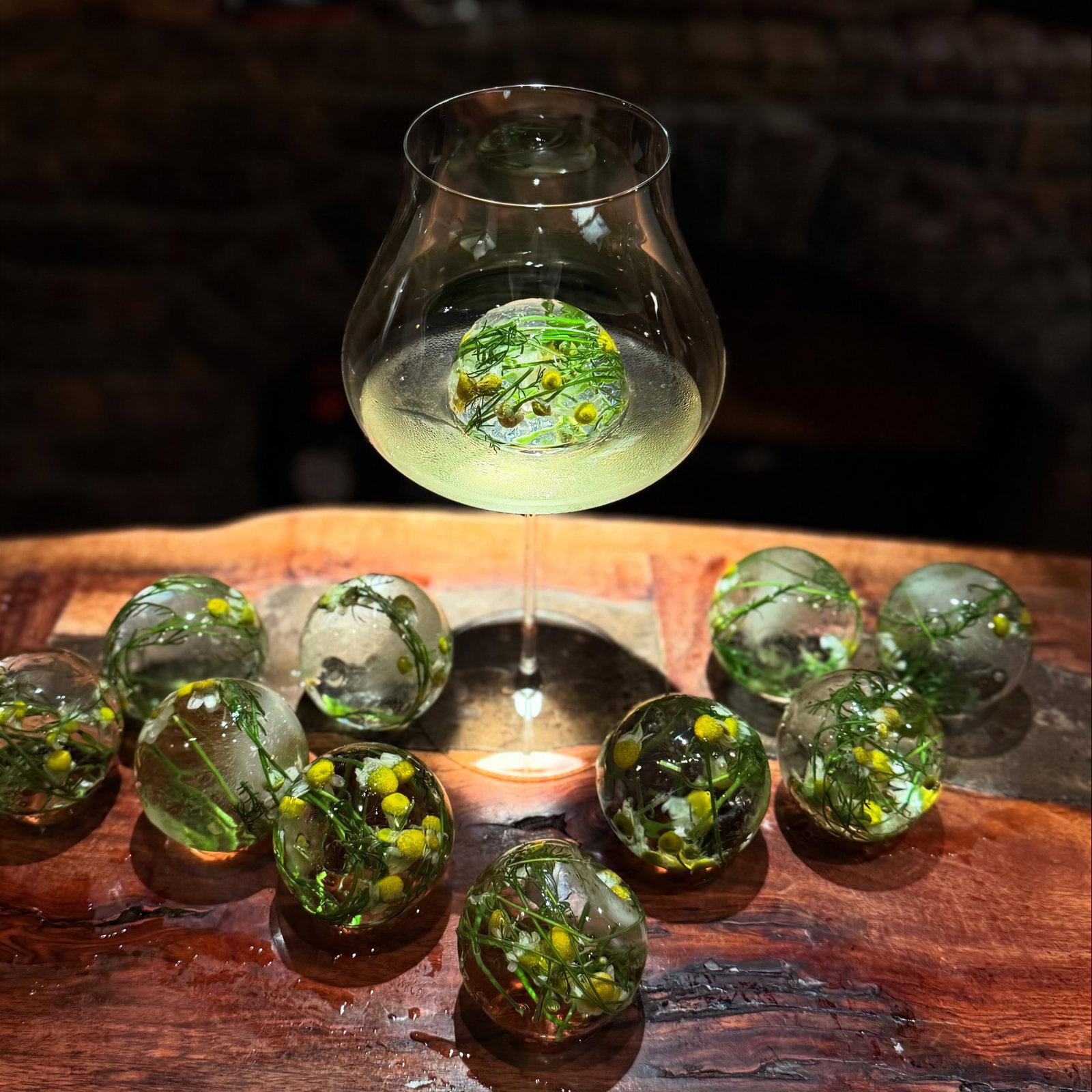 A wine glass on a wooden table, filled with white liquid, holds a floating ice sphere with herbs and flowers. More spheres surround it, creating a bright, rustic scene.