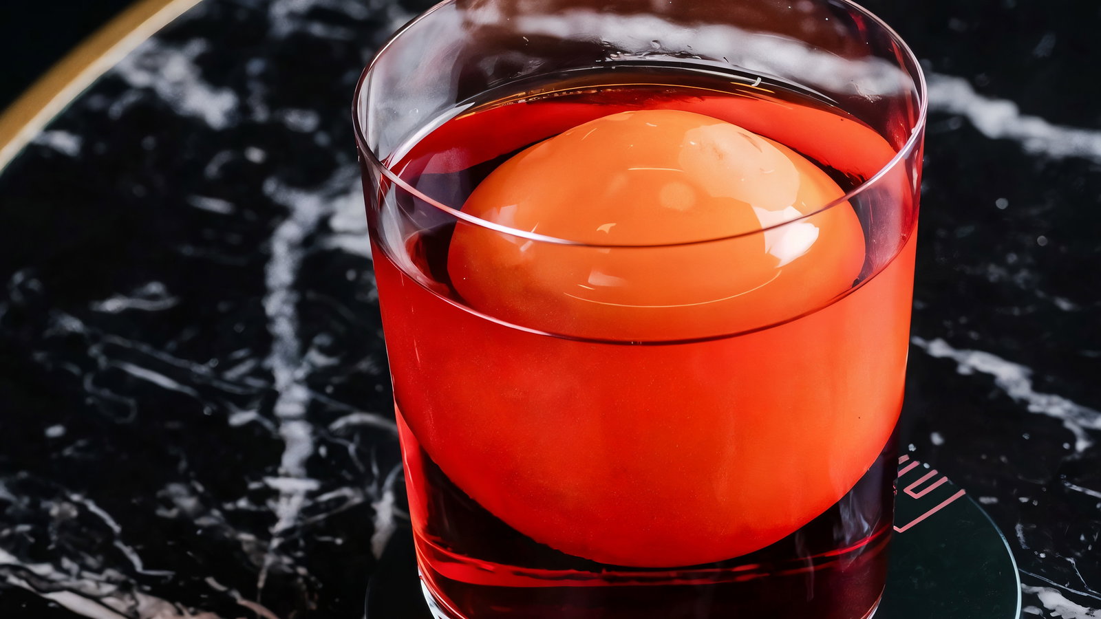 Red cocktail with an orange sphere in a clear glass on a dark marble table. The mood is sleek and elegant. Visible coaster under glass.
