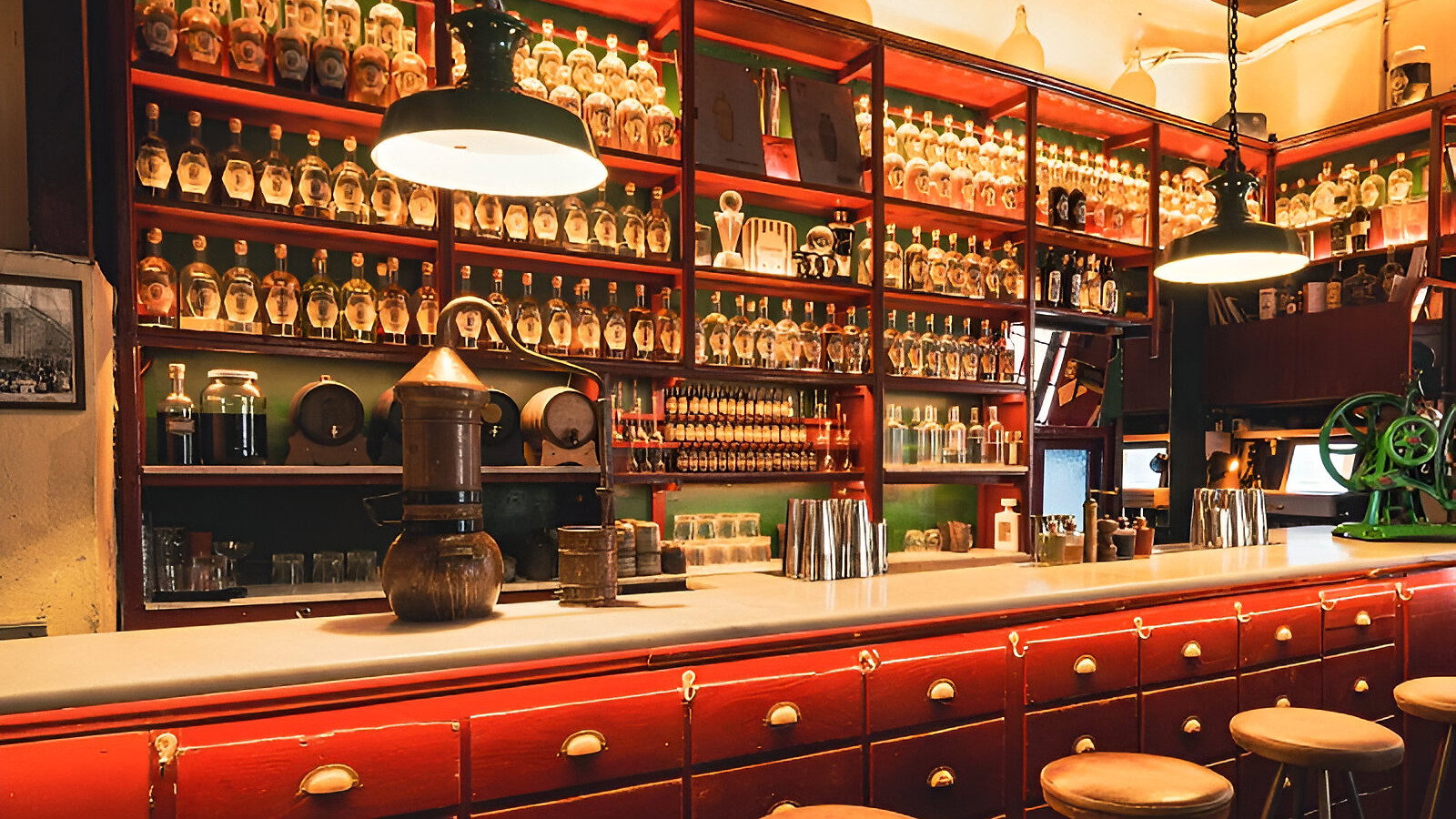 Vintage bar with red shelves lined with bottles behind a counter with stools and a copper distiller. Warm, inviting atmosphere.
