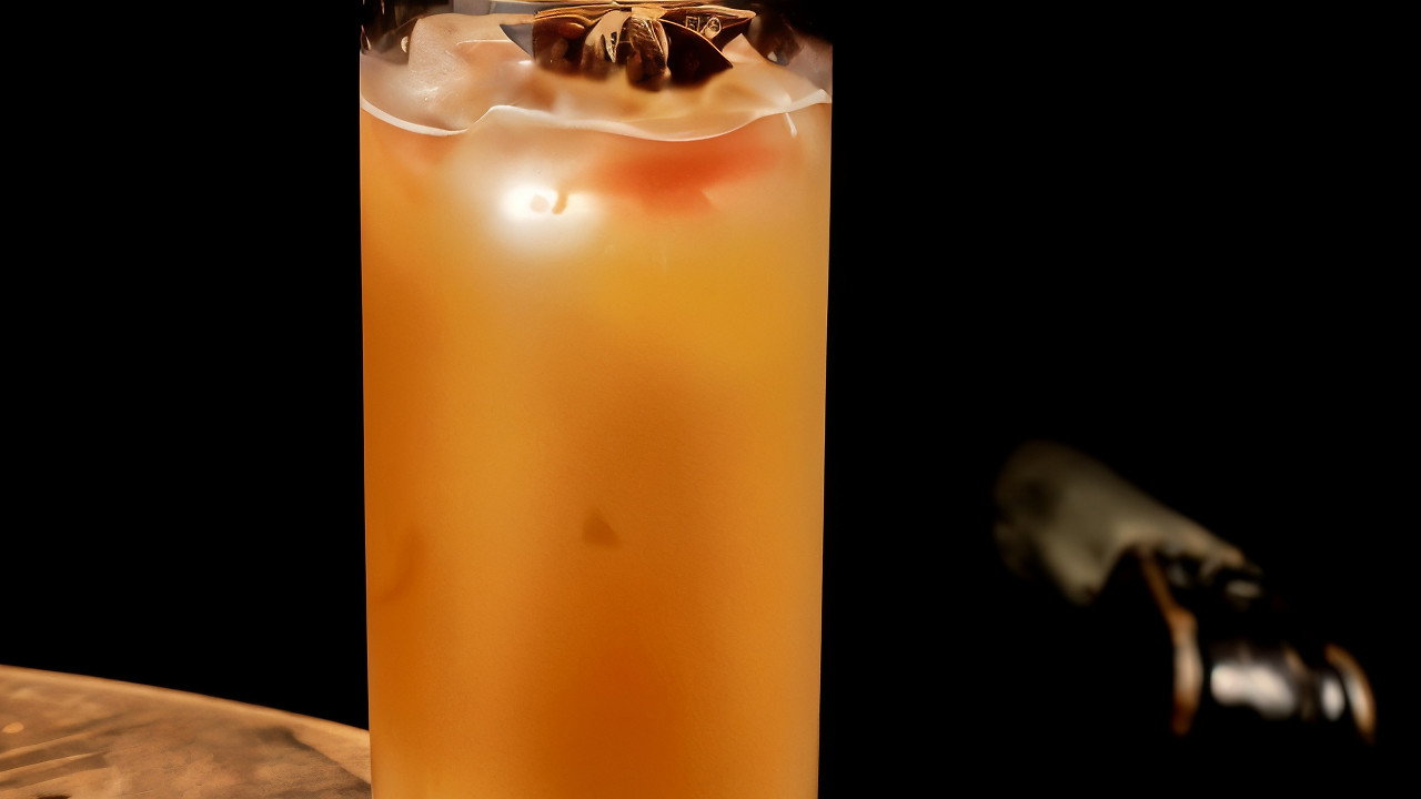 Tall orange cocktail with ice and star anise garnish sits on a wooden table against a black background. The mood is sophisticated and warm.