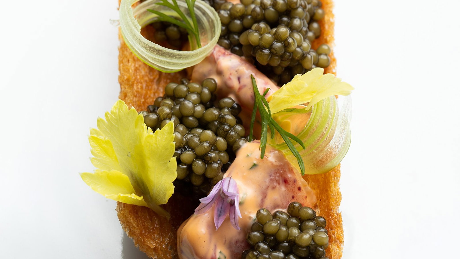 Gourmet dish on a crisp base topped with black caviar, creamy sauce, green herbs, and yellow leaves. Bright, elegant presentation on white.