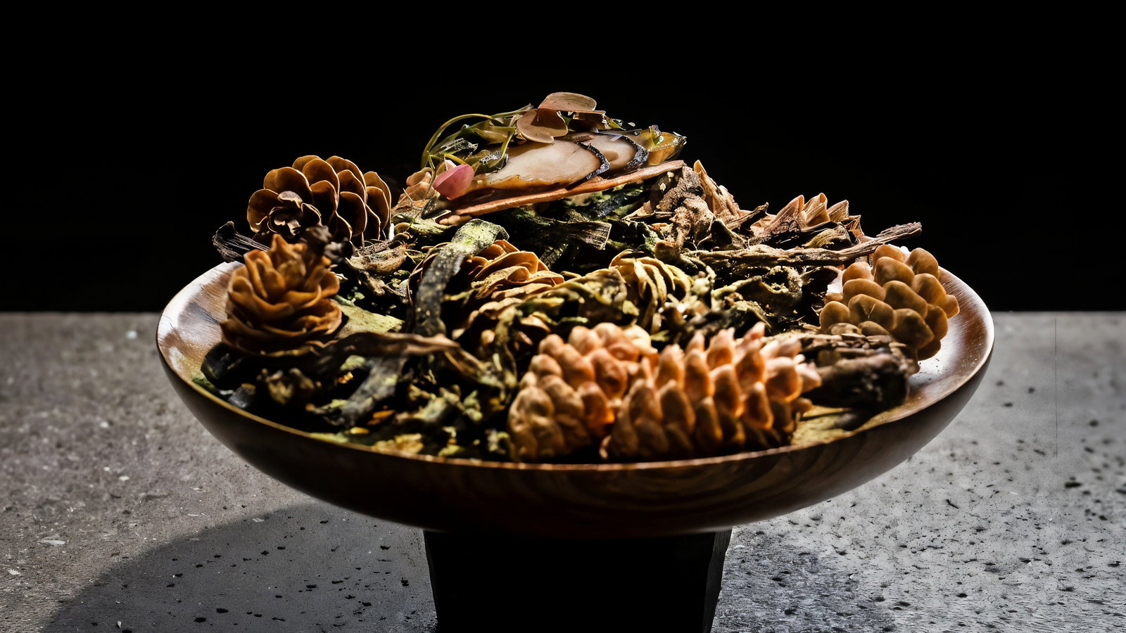 A wooden bowl with pine cones, twigs, and leaves, topped with seafood, on a textured surface. Dark background, moody ambiance.