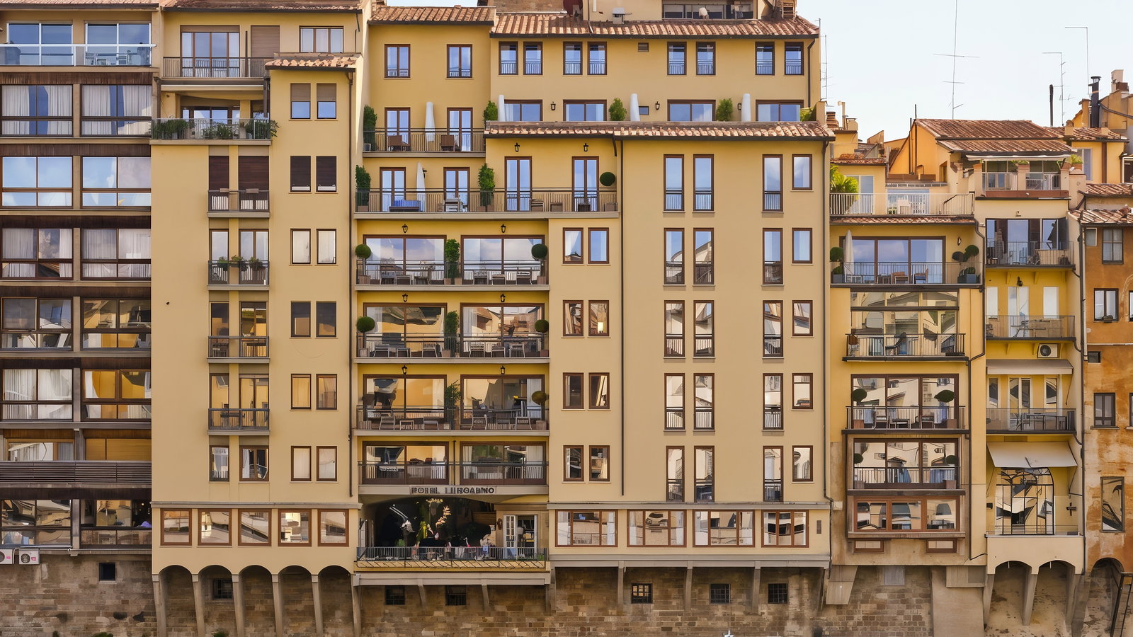 Yellow riverside building with numerous windows and balconies reflecting the sky, set against a blue sky.