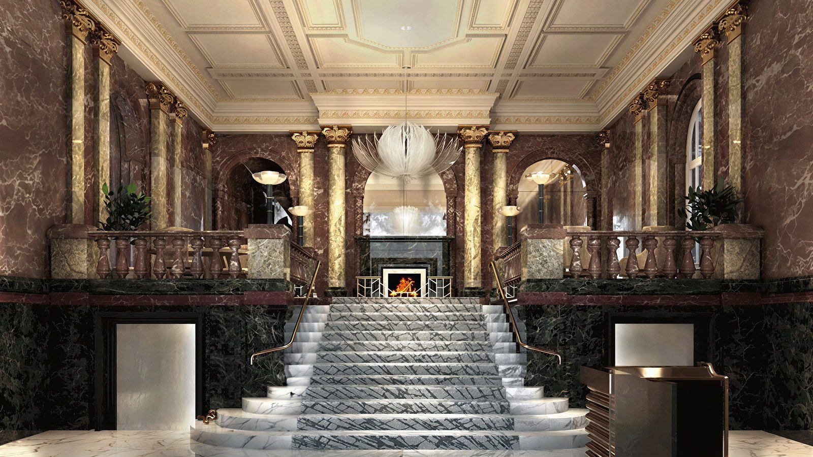 Luxurious marble staircase in opulent lobby with grand chandelier and ornate gold pillars. Warm fireplace glows in elegant setting.