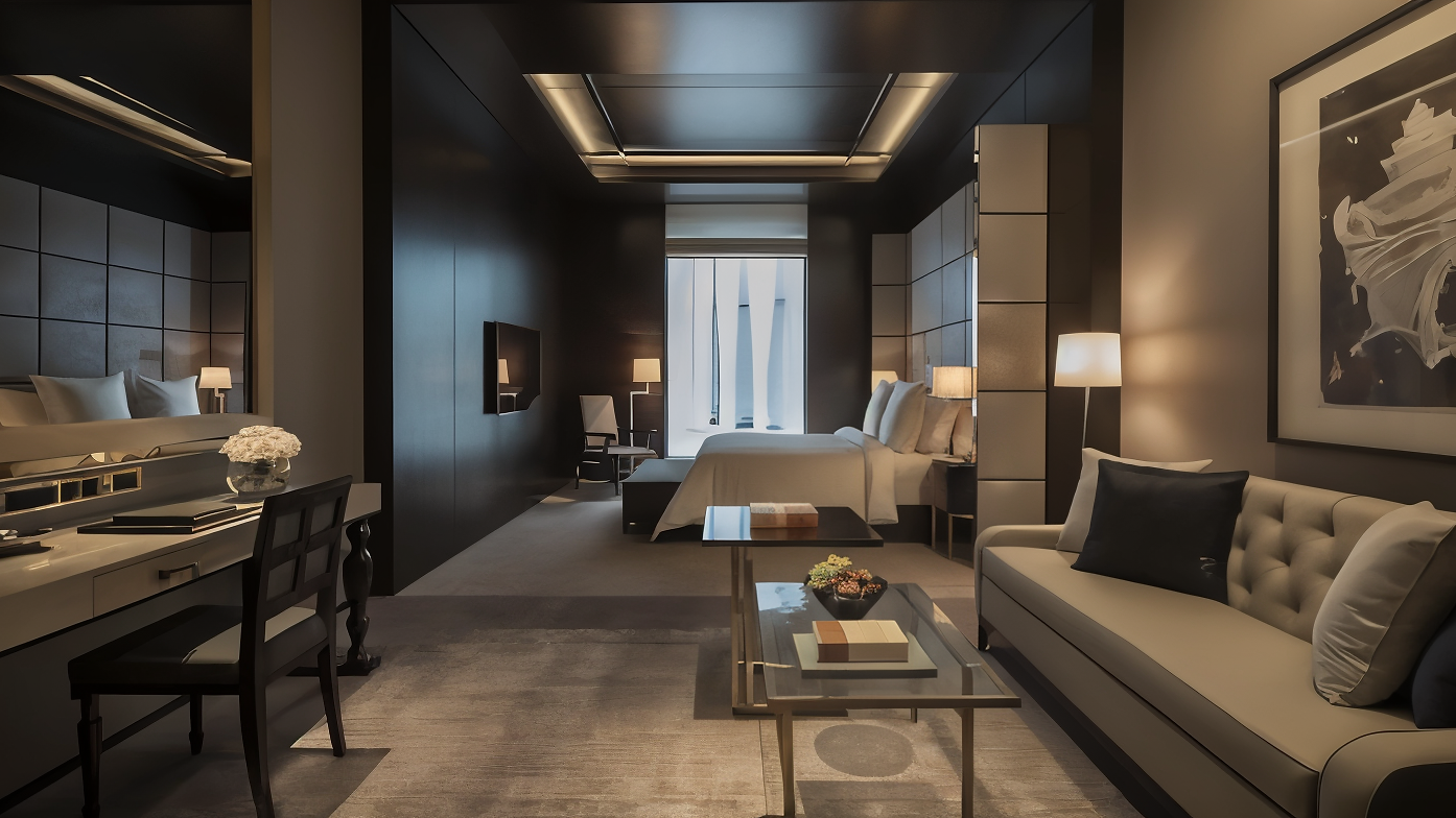 Modern hotel room with a beige sofa, and elegant desk with a chair. Bed beside window. Soft lighting, grayscale artwork. Minimalist decor.