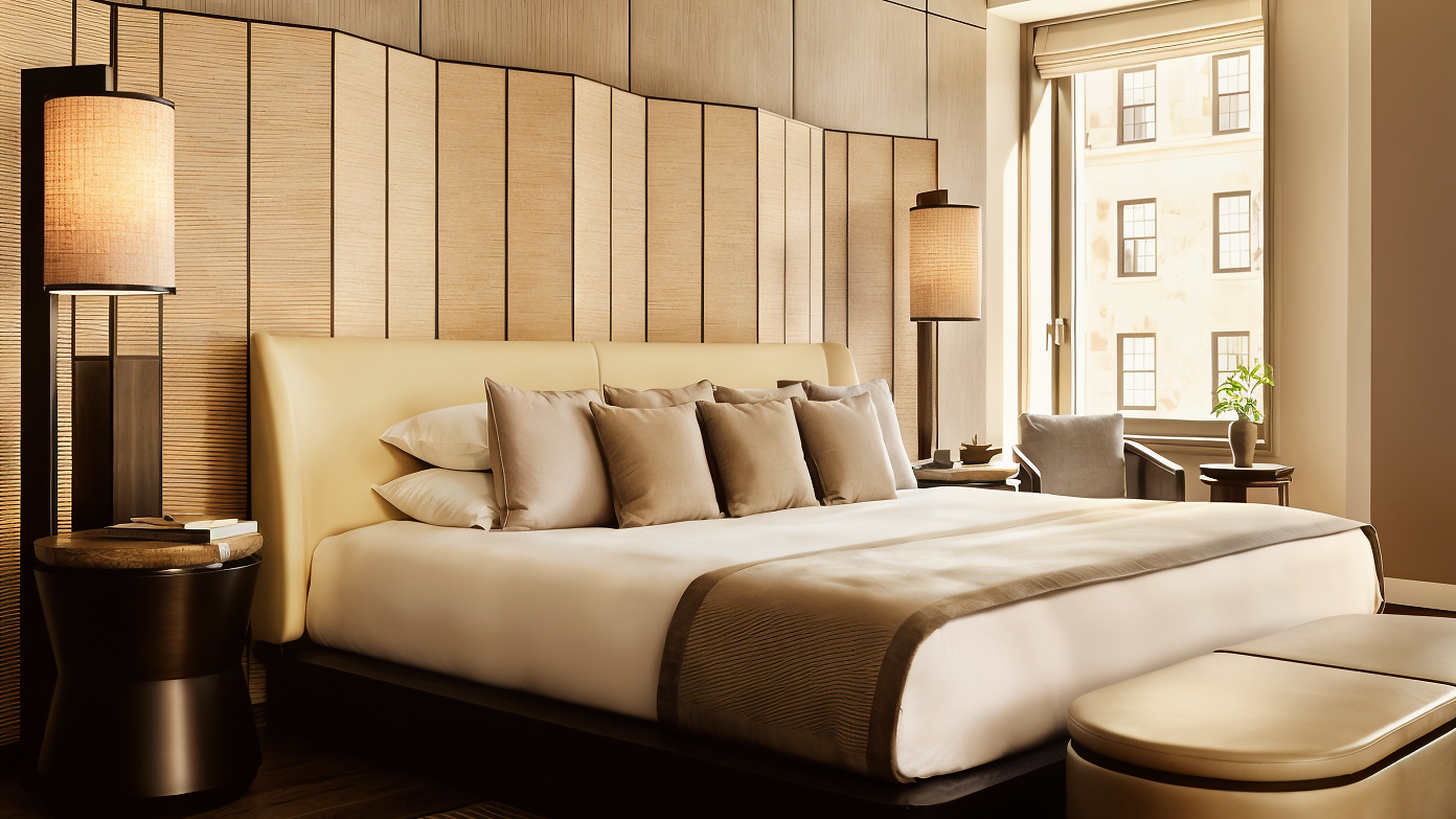 Modern bedroom with a large beige bed, pillows, and two tall lamps. Wooden walls and floor, a window with city view, and a relaxing vibe.