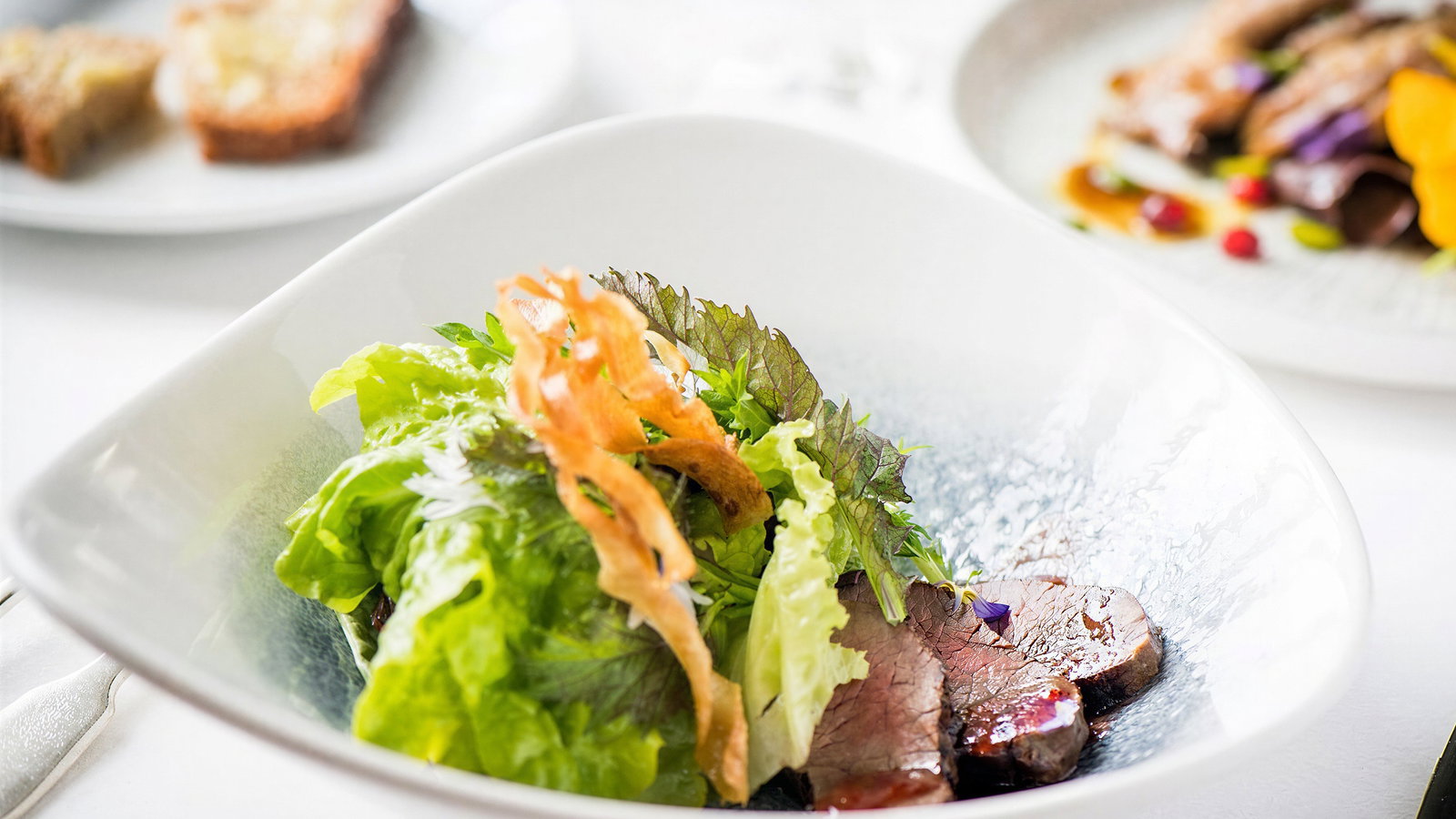 Gourmet salad in a white bowl with mixed greens and meat slices, garnished with crispy elements. Bread and another dish are blurred in background.
