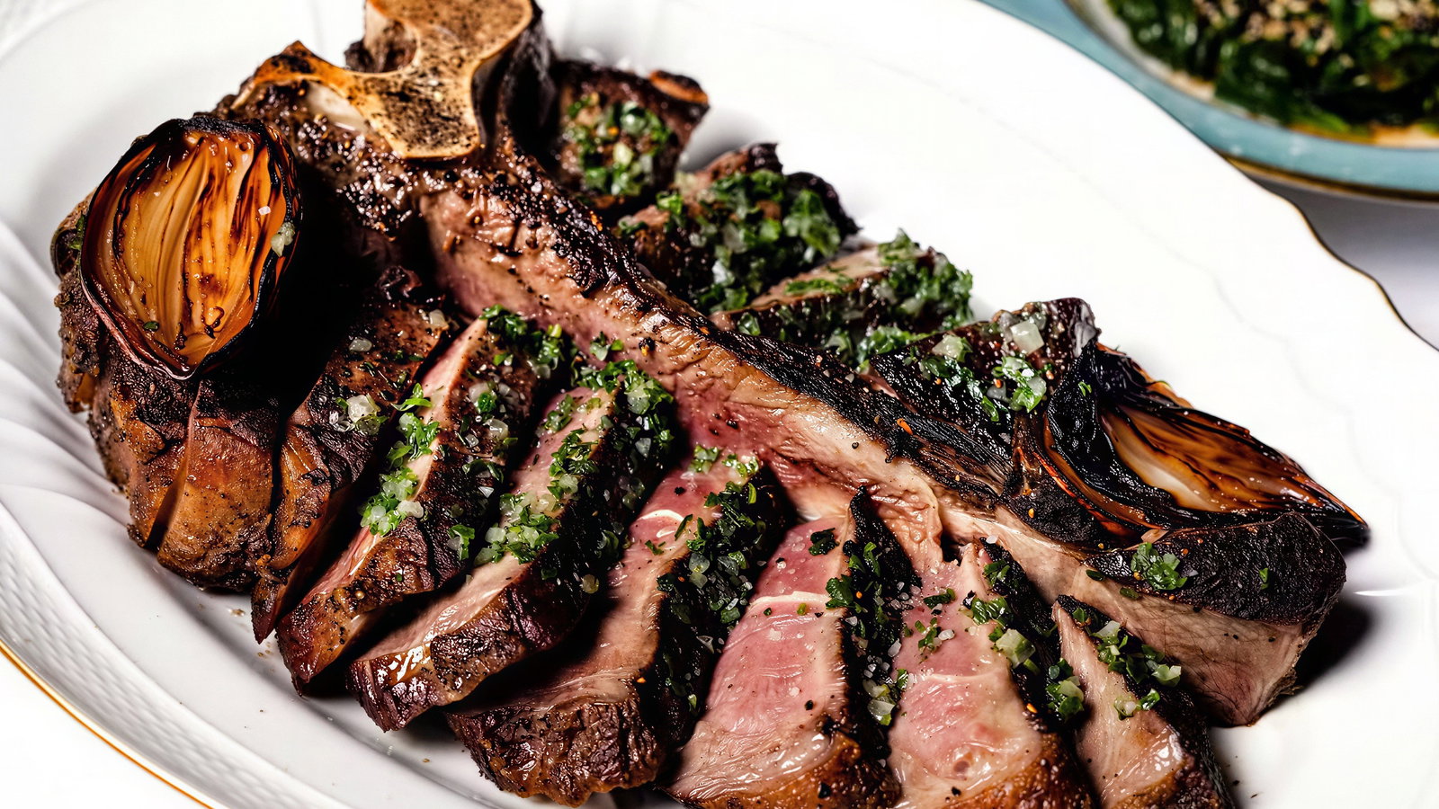 Sliced grilled steak with herbs on a white plate, garnished with charred onion. A bowl of greens in the background. Rustic, appetizing setting.