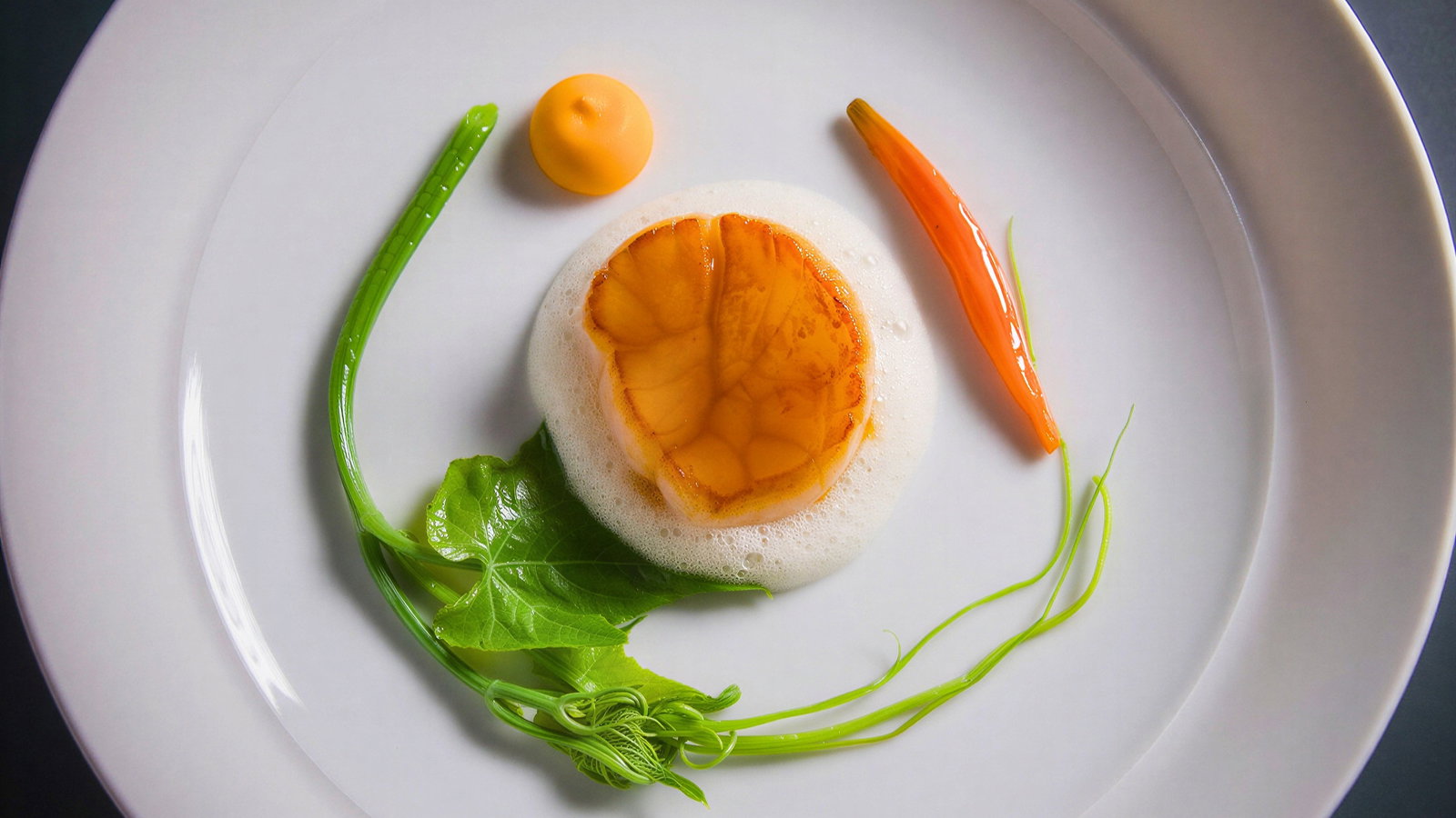 Scallop dish on white plate with foam, a green garnish, orange sauce, and carrot. Elegant presentation with a minimalist style.