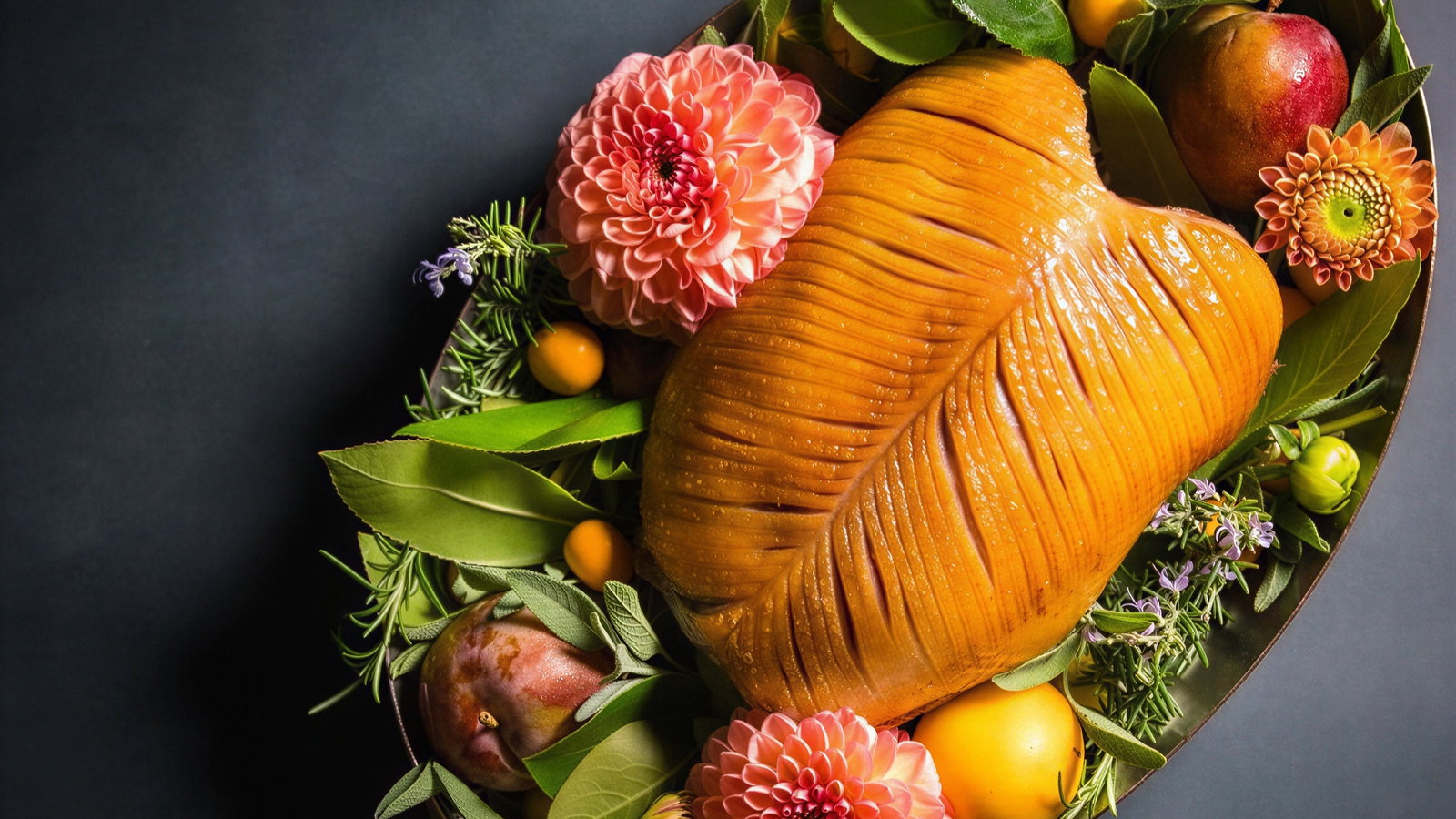 Roasted squash with ribbed texture on a tray, surrounded by pink flowers, figs, leaves, and berries, against a dark background.
