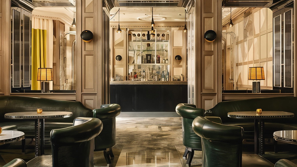Elegant bar interior with green leather chairs, marble floor, and mirrored walls. Warm lighting creates a cozy, sophisticated atmosphere.