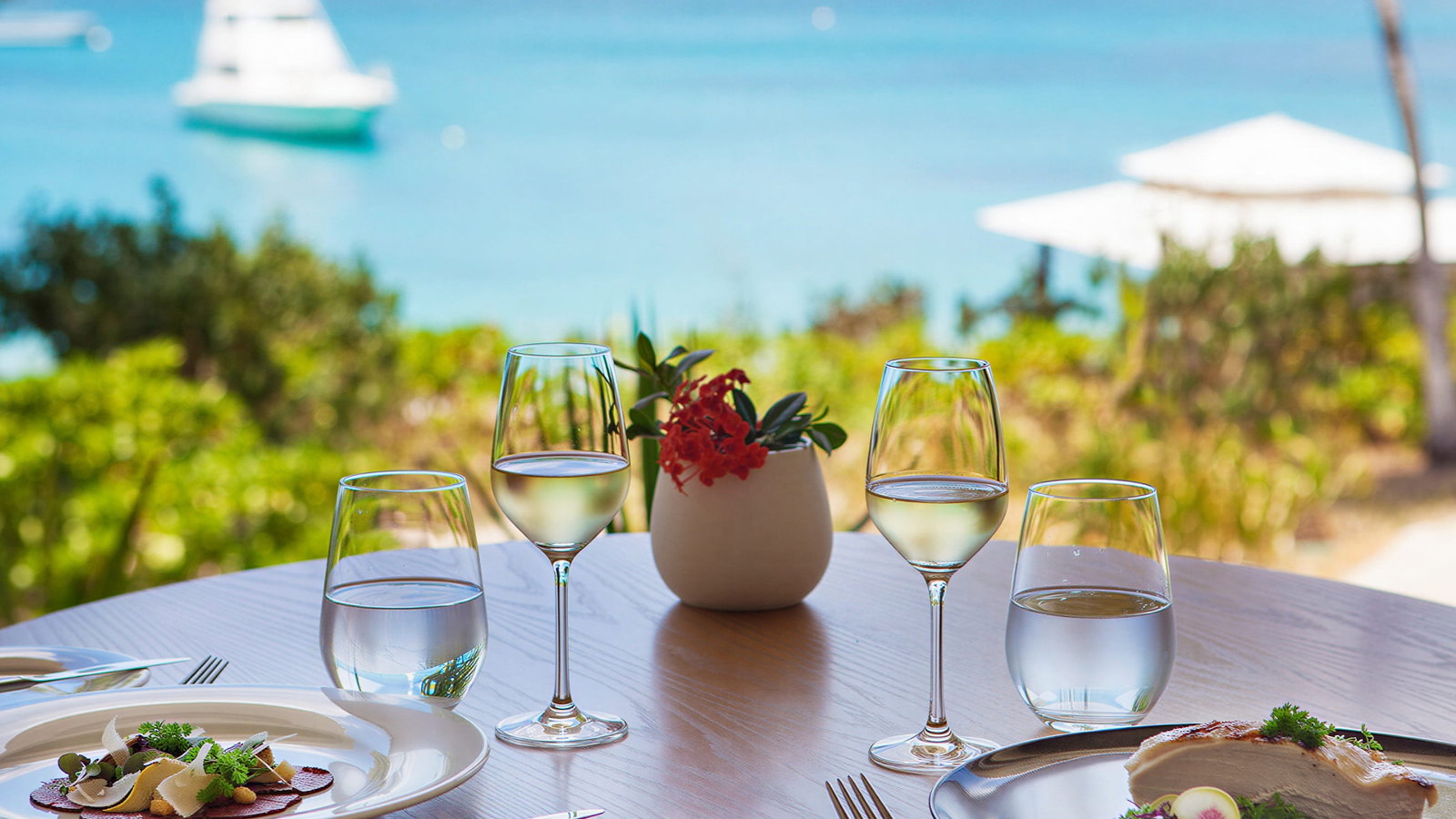 Dishes from Salt Water Restaurant at Lizard Island Resort and wine glasses, ocean view in background. Vibrant blue sea, distant boat, and lush greenery create a serene mood.